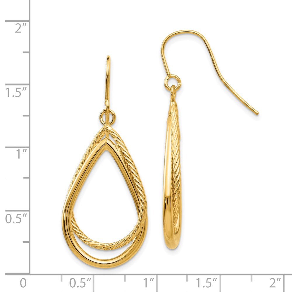 14K Polished and Textured Teardrop Shepherd Hook Earrings