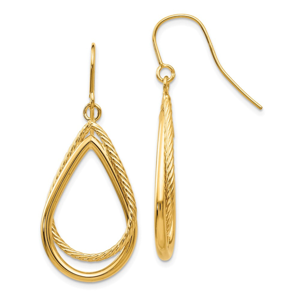 14K Polished and Textured Teardrop Shepherd Hook Earrings