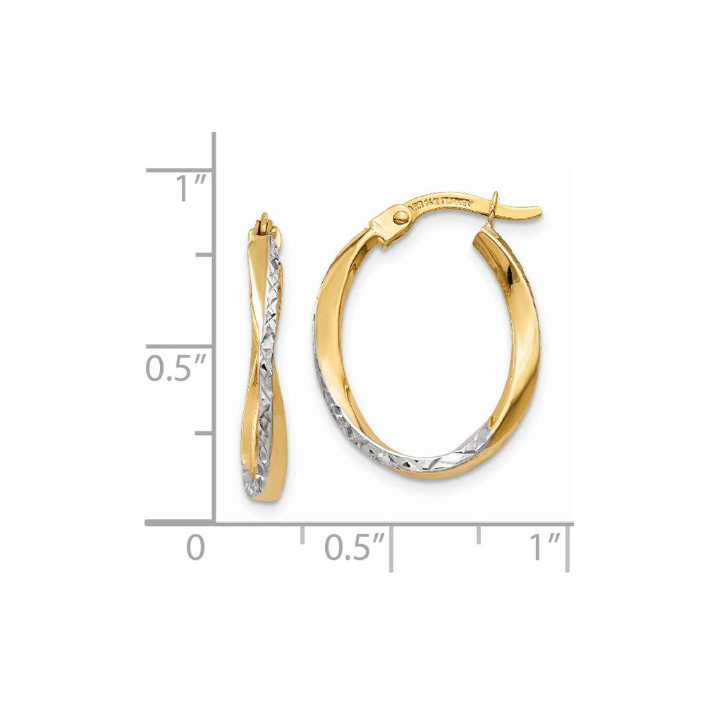 14K w/White Rhodium Textured and Polished Oval Hoop Earrings