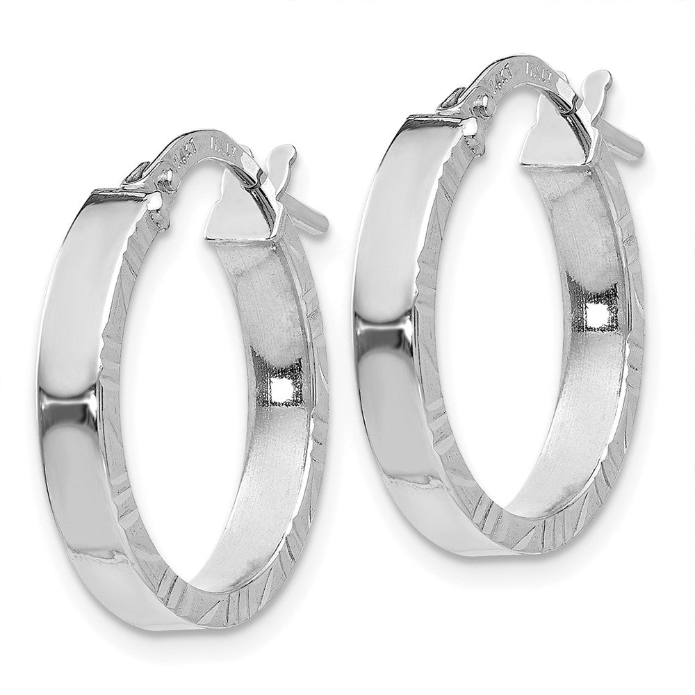 14K White Gold Diamond Cut Edge Large 3mm Polished Hoop Earrings