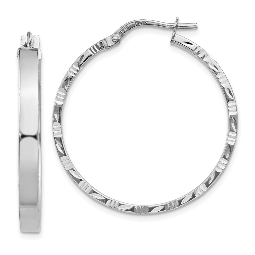 14K White Gold Diamond Cut Edge Large 3mm Polished Hoop Earrings
