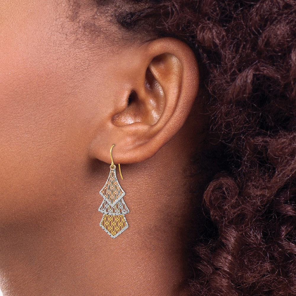 14k Tri-color D/C Polished Filigree Dangle Earrings