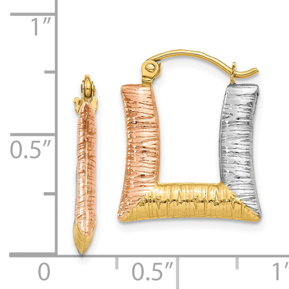 14K & White & Rose Rhodium Hollow Textured Square Hoop Earrings