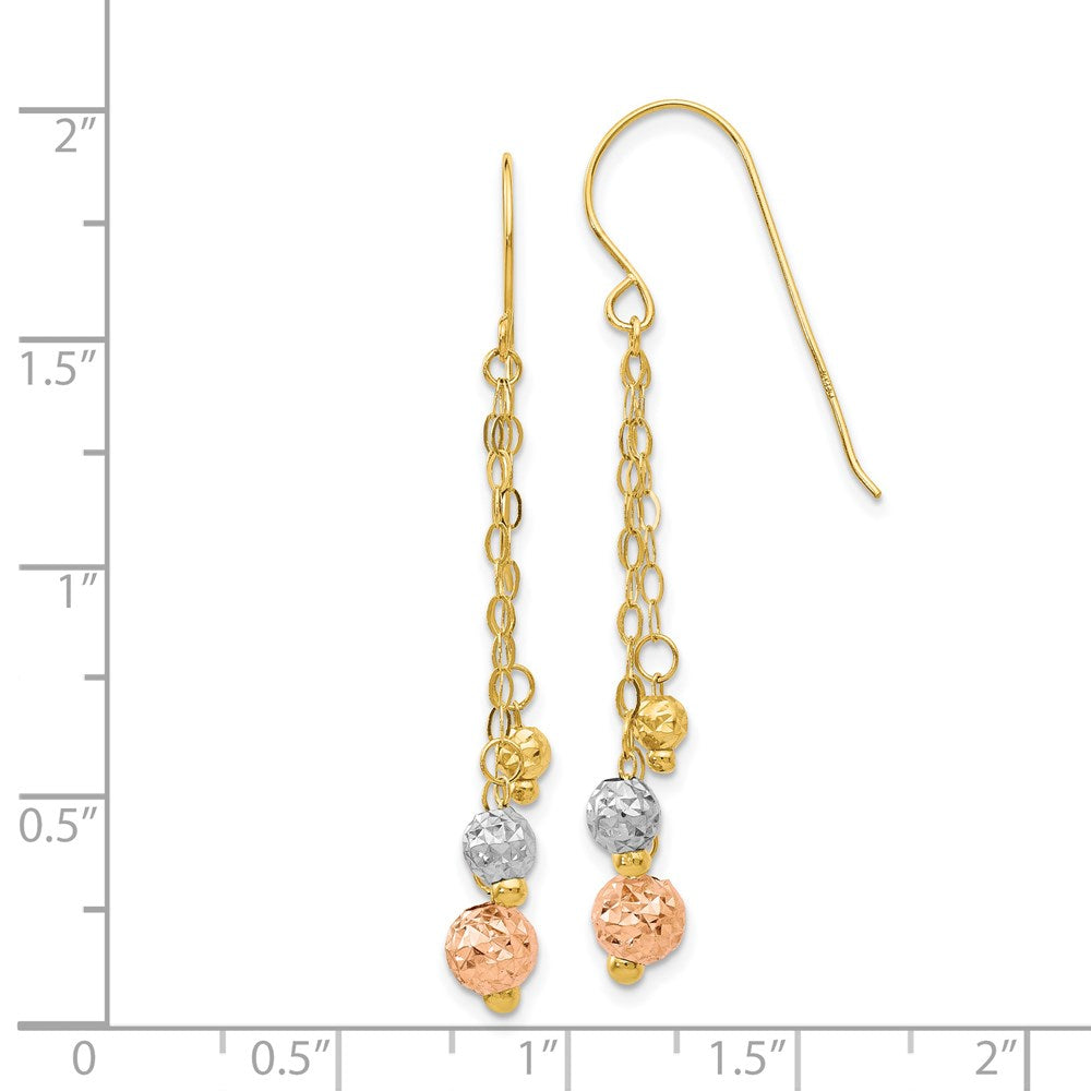 14K Tri-color w/Diamond-cut Beads Dangle Earrings