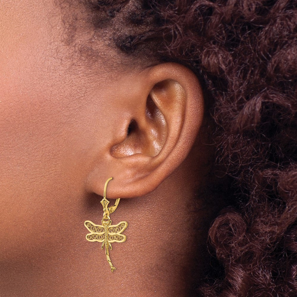 14k Dragonfly w/Filigree Wings Leverback Earrings