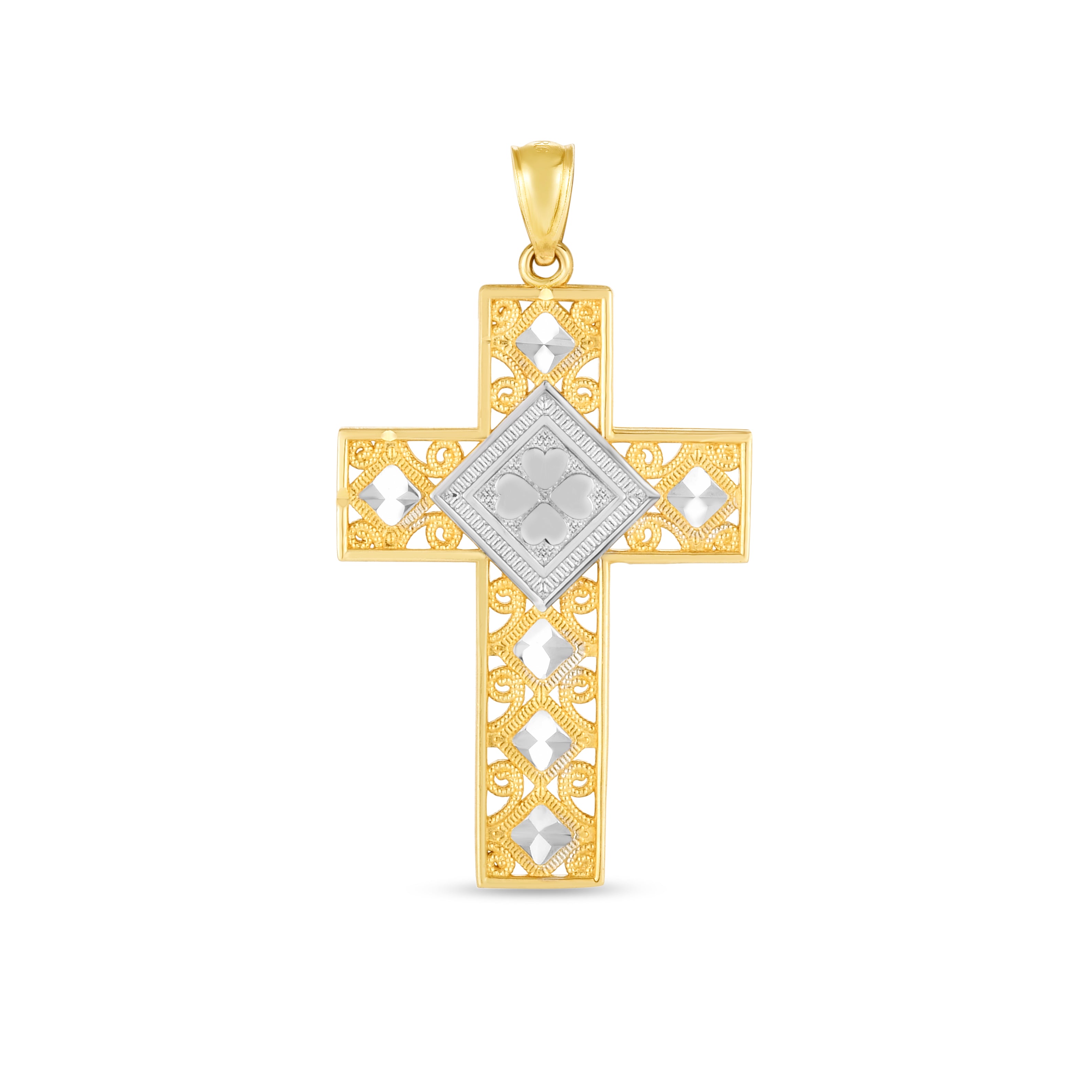14K Two-Tone Diamond Cut Cross Pendant. Sold Indiividually. Pair it with any of our basic chains.