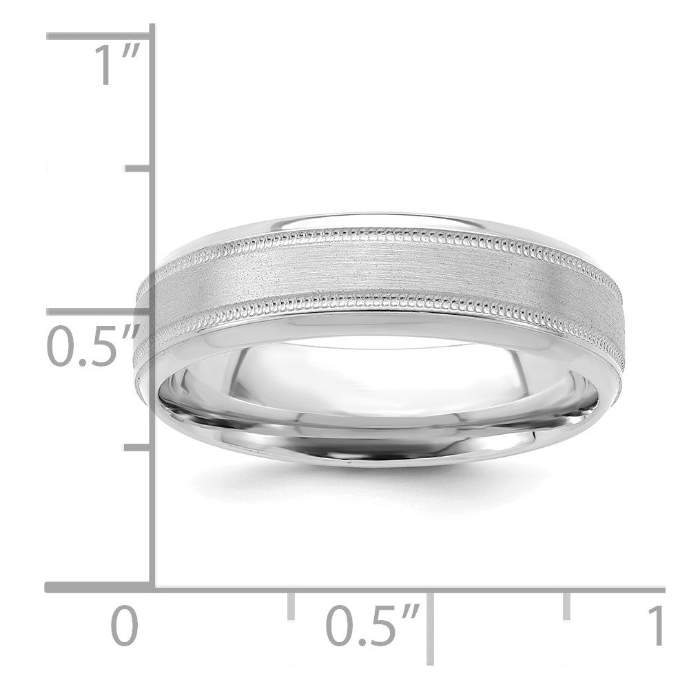 14k White Gold 6mm Standard Weight Comfort Fit Brushed Satin/Polished Milgrain Grooved Edge Wedding Band Size 8