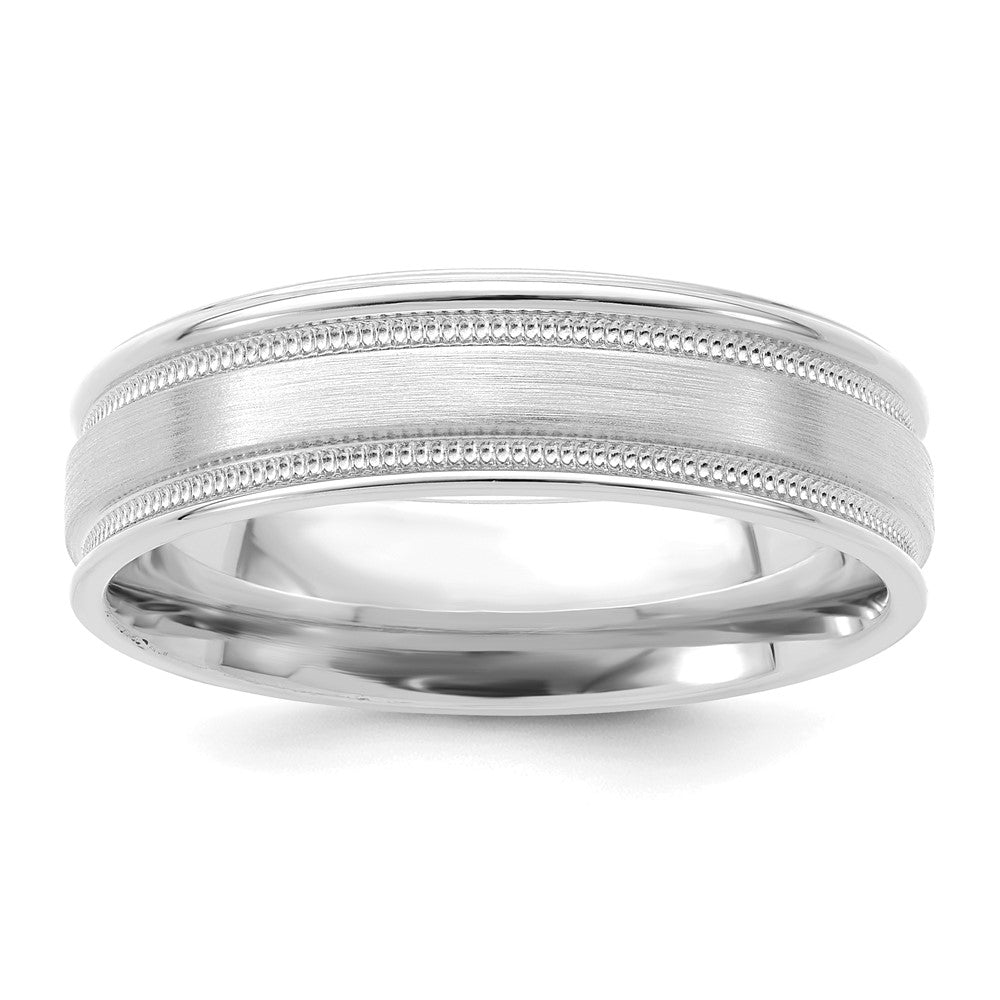 14k White Gold 6mm Standard Weight Comfort Fit Brushed Satin/Polished Milgrain Grooved Edge Wedding Band Size 10