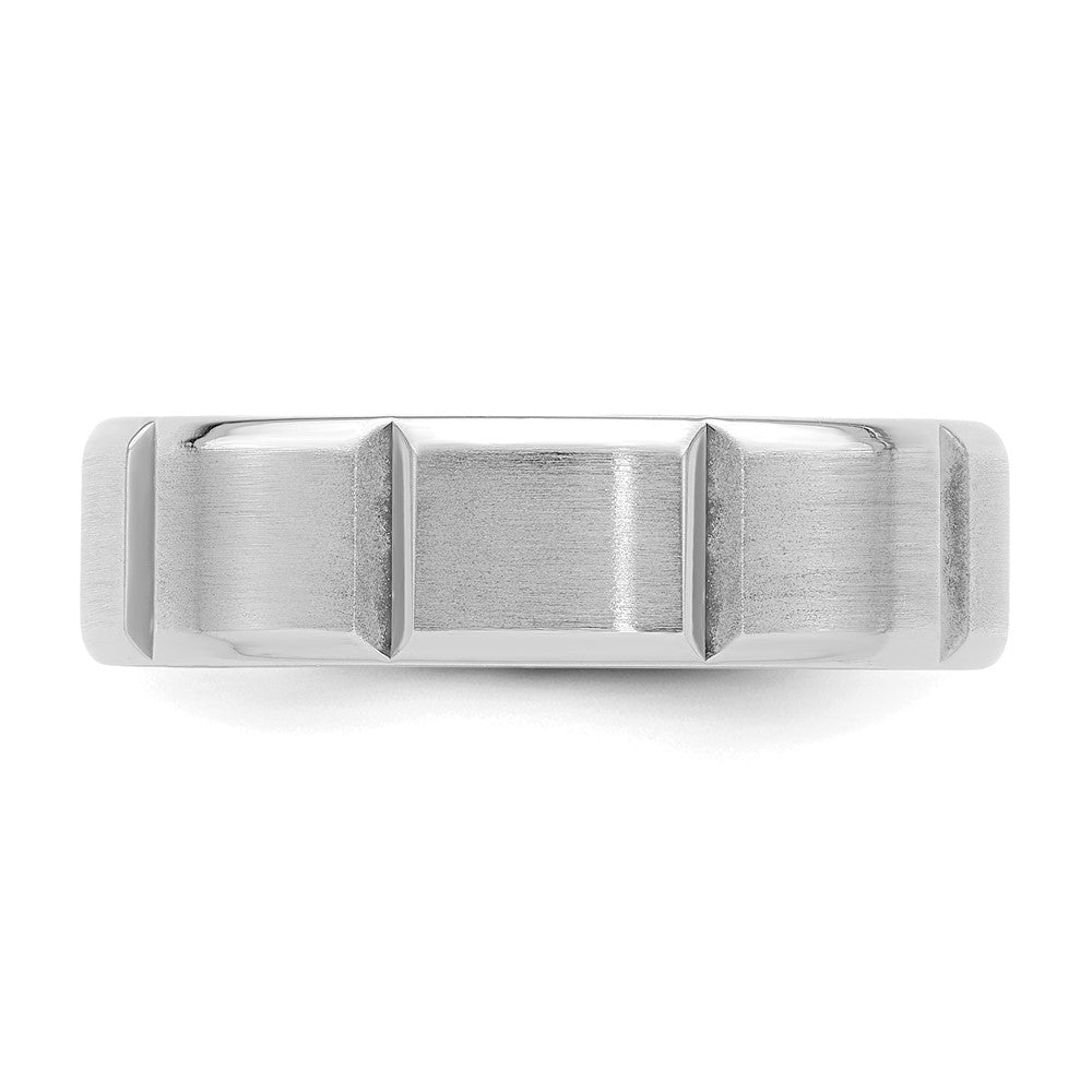 14k White Gold 6mm Standard Weight Comfort Fit Brushed/Polished Beveled Edge with Vertical Lines Wedding Band Size 12.5