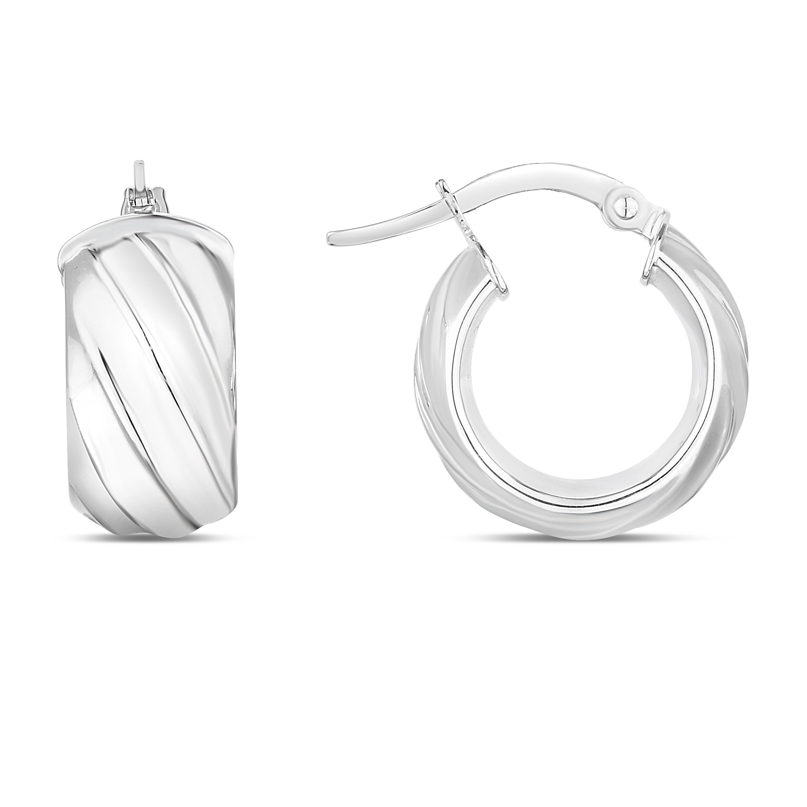 14K White Gold Wide Ribbed Hoop Earrings With Hinged Clasp