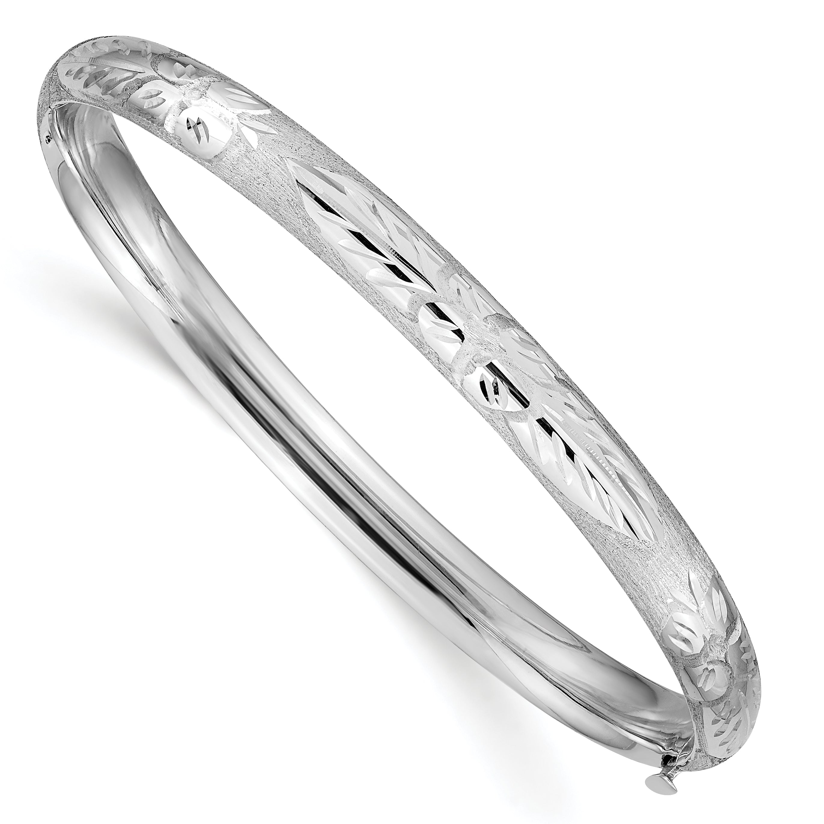 14k 4/16 White Gold Florentine Engraved 6.00mm Hinged Round Bangle Bracelet