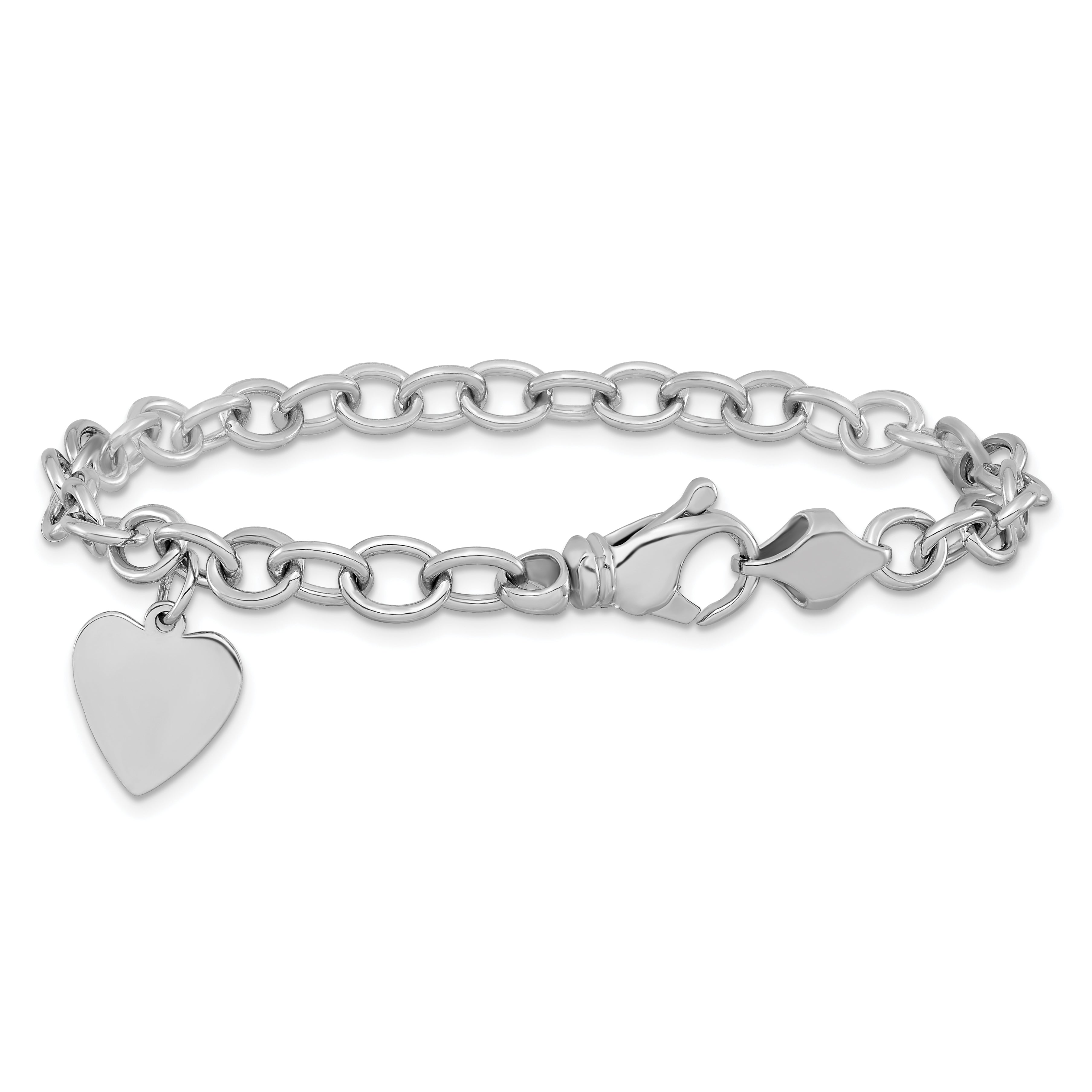 14k White Gold Engravable 19x13mm Solid Dangle Heart Charm and Solid Polished Link 7.5 inch Bracelet