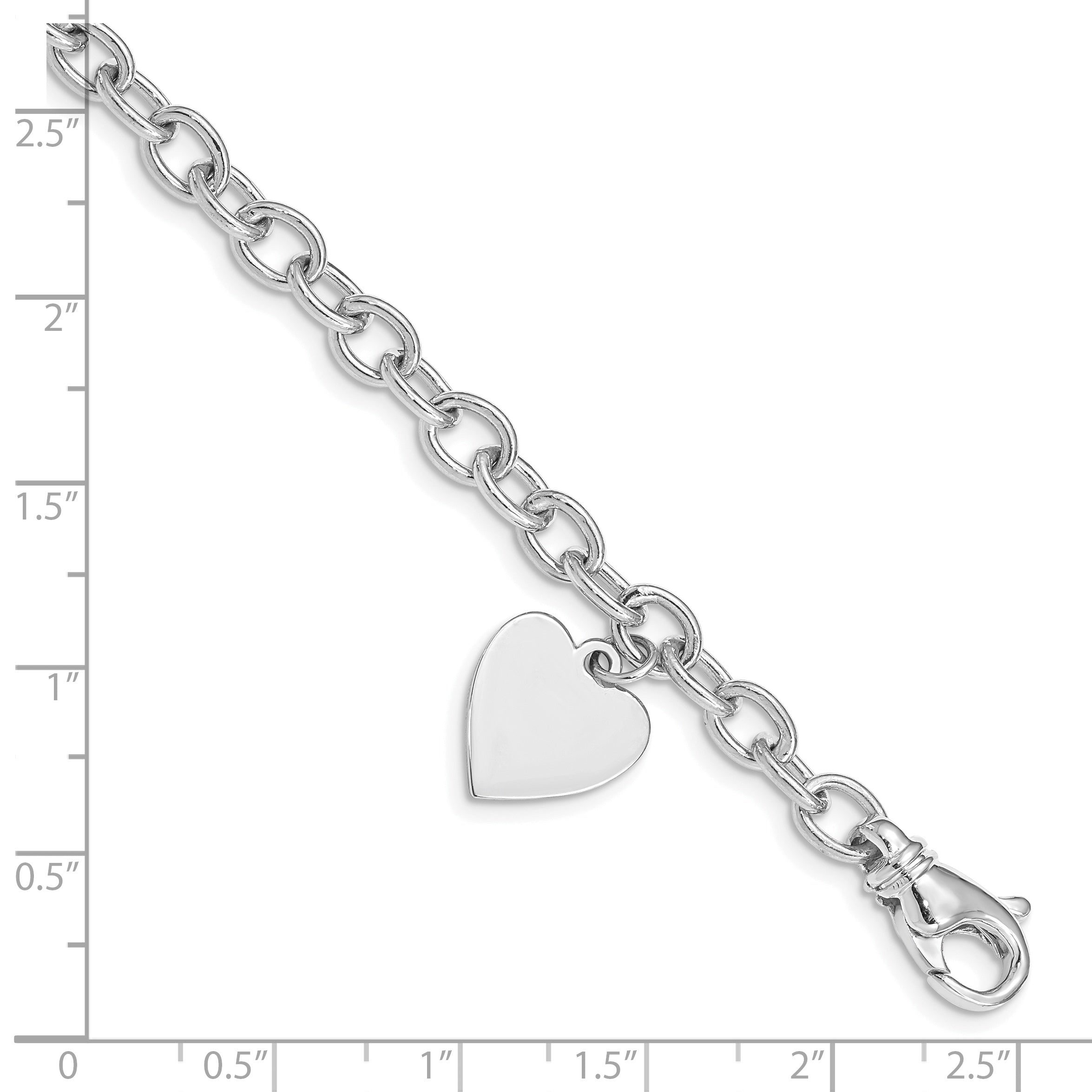 14k White Gold Engravable 19x13mm Solid Dangle Heart Charm and Solid Polished Link 7.5 inch Bracelet