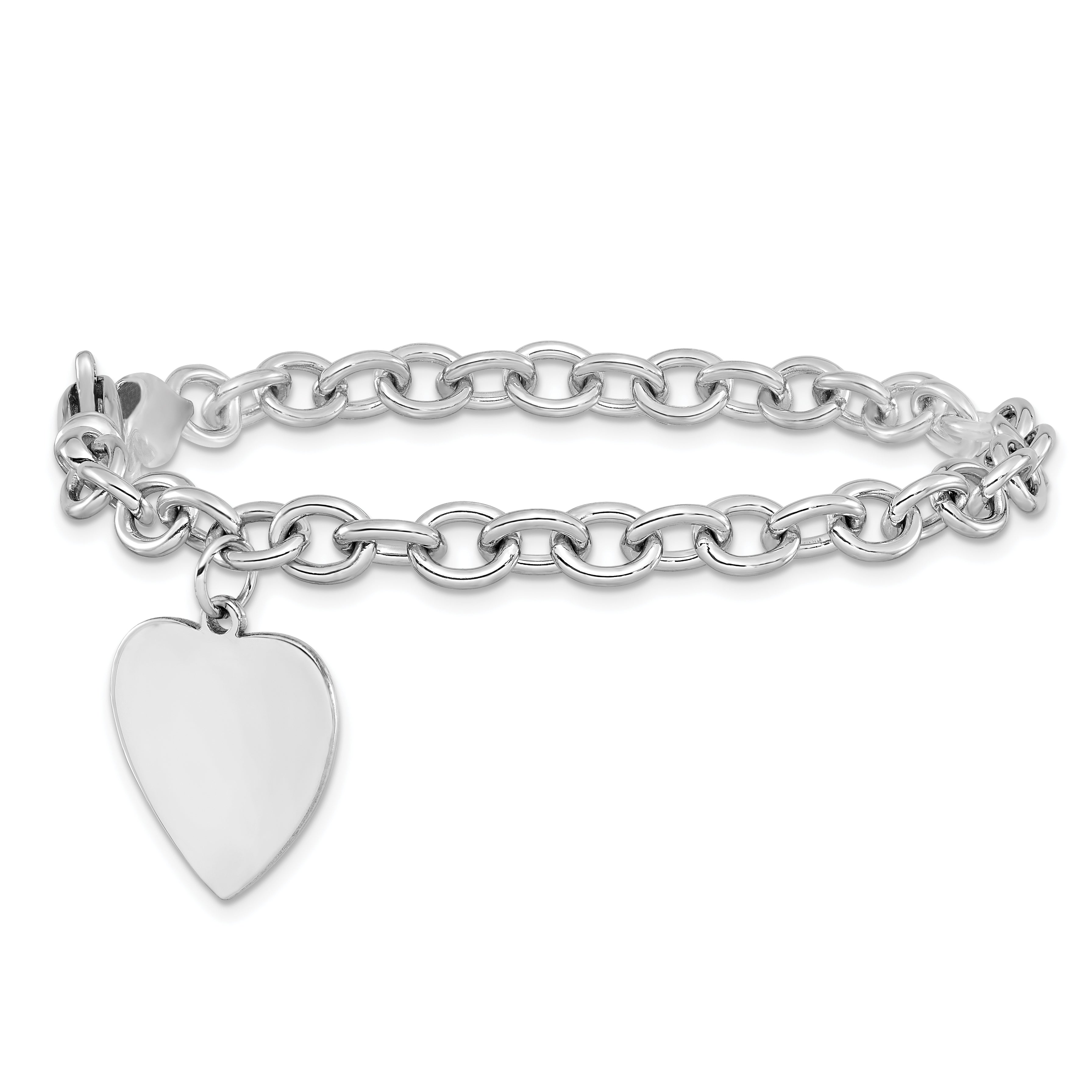 14k White Gold Engravable 23x17mm Solid Dangle Heart Charm and Solid Polished Link 7.5 inch Bracelet