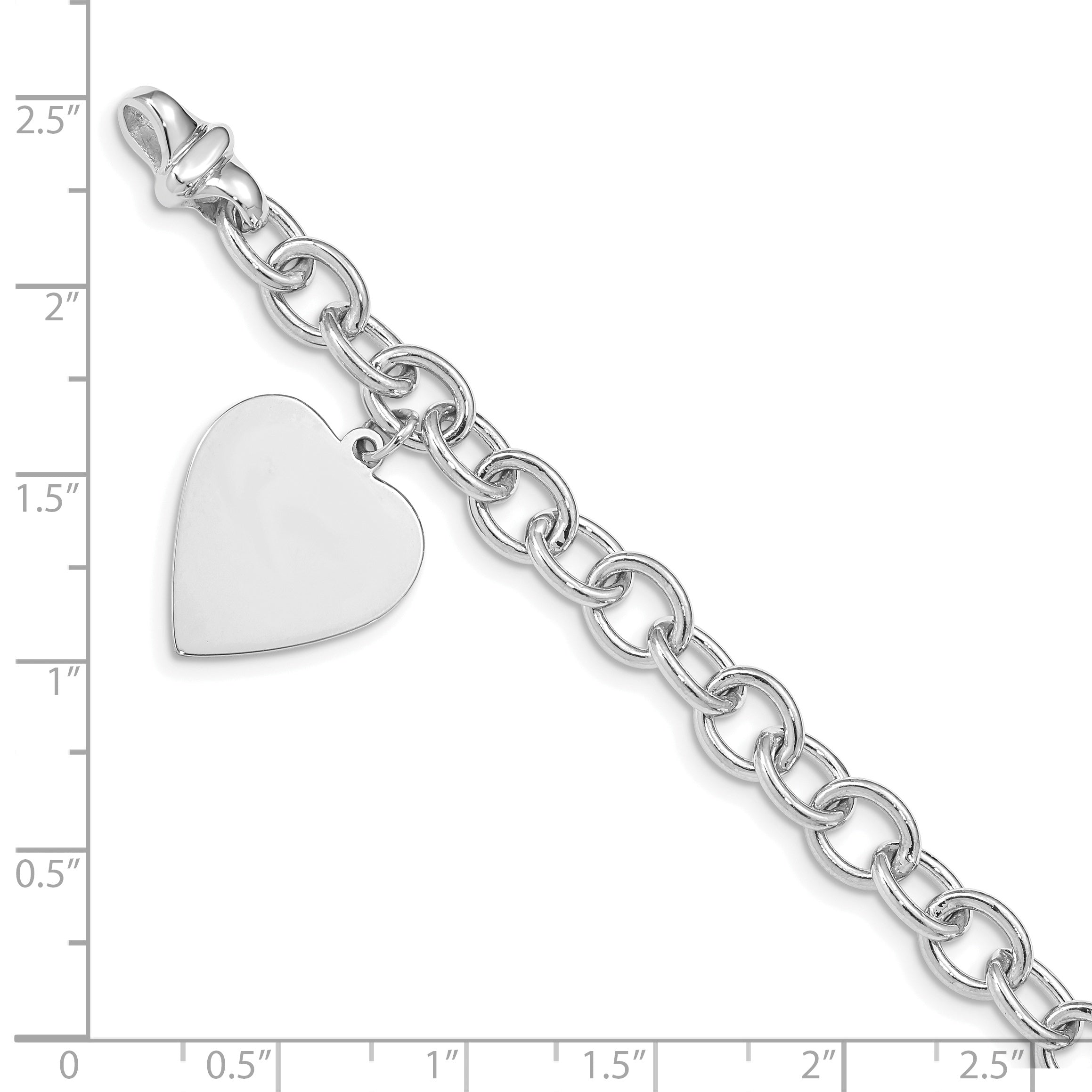 14k White Gold Engravable 23x17mm Solid Dangle Heart Charm and Solid Polished Link 7.5 inch Bracelet