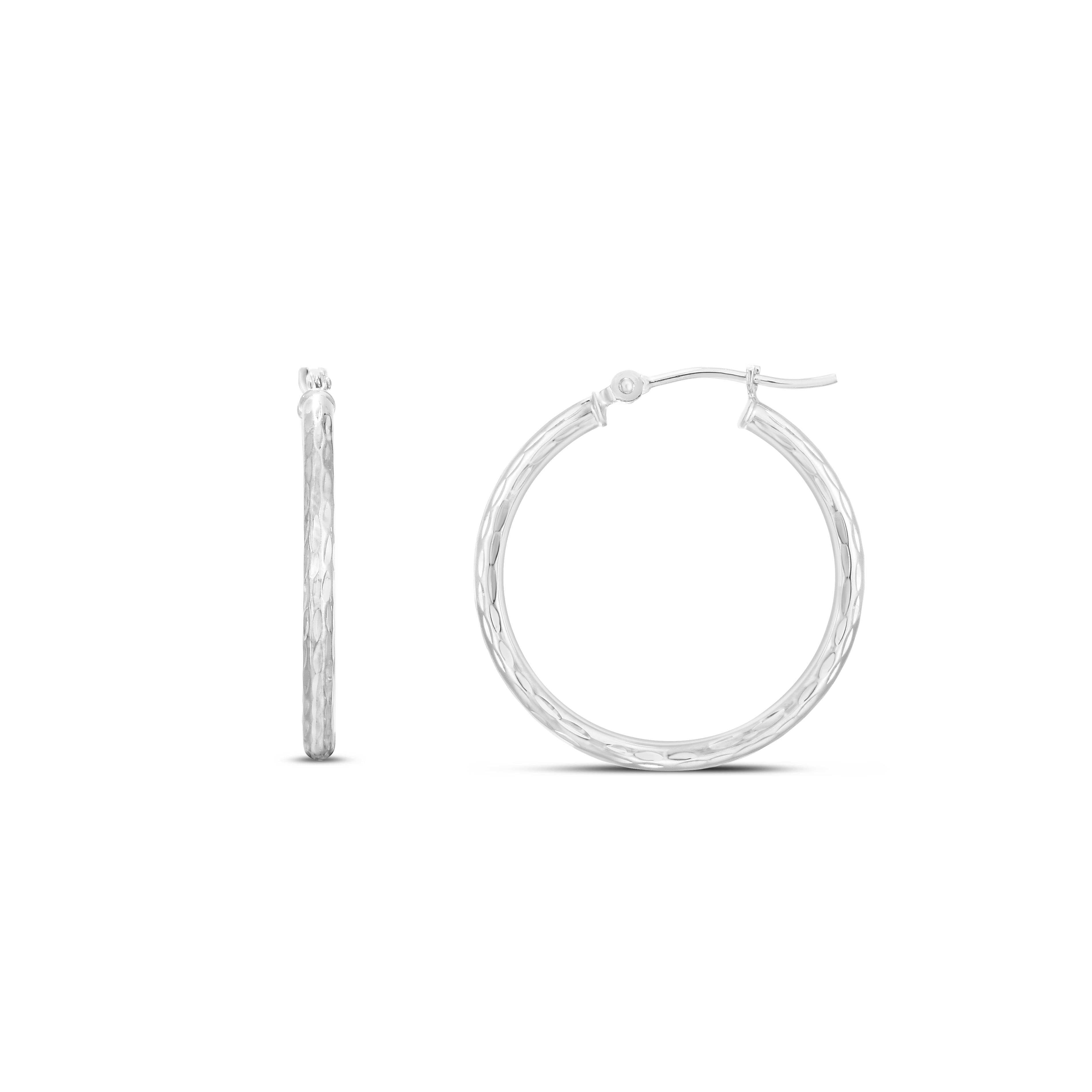 14K White Gold 2X25Mm Diamond Cut Hoop Earring