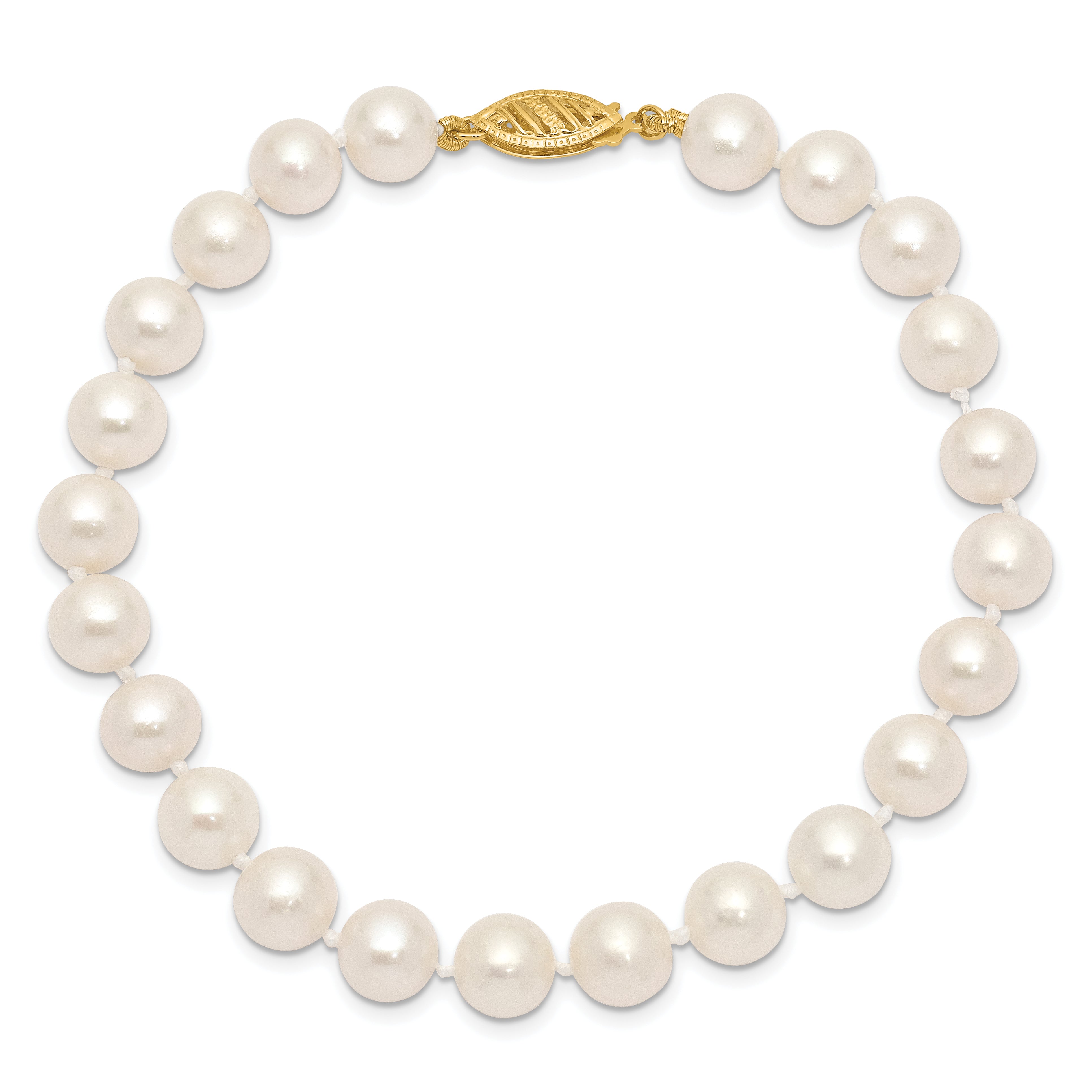 14k 7-8mm White Near-Round Freshwater Cultured Pearl 7.5 inch Bracelet