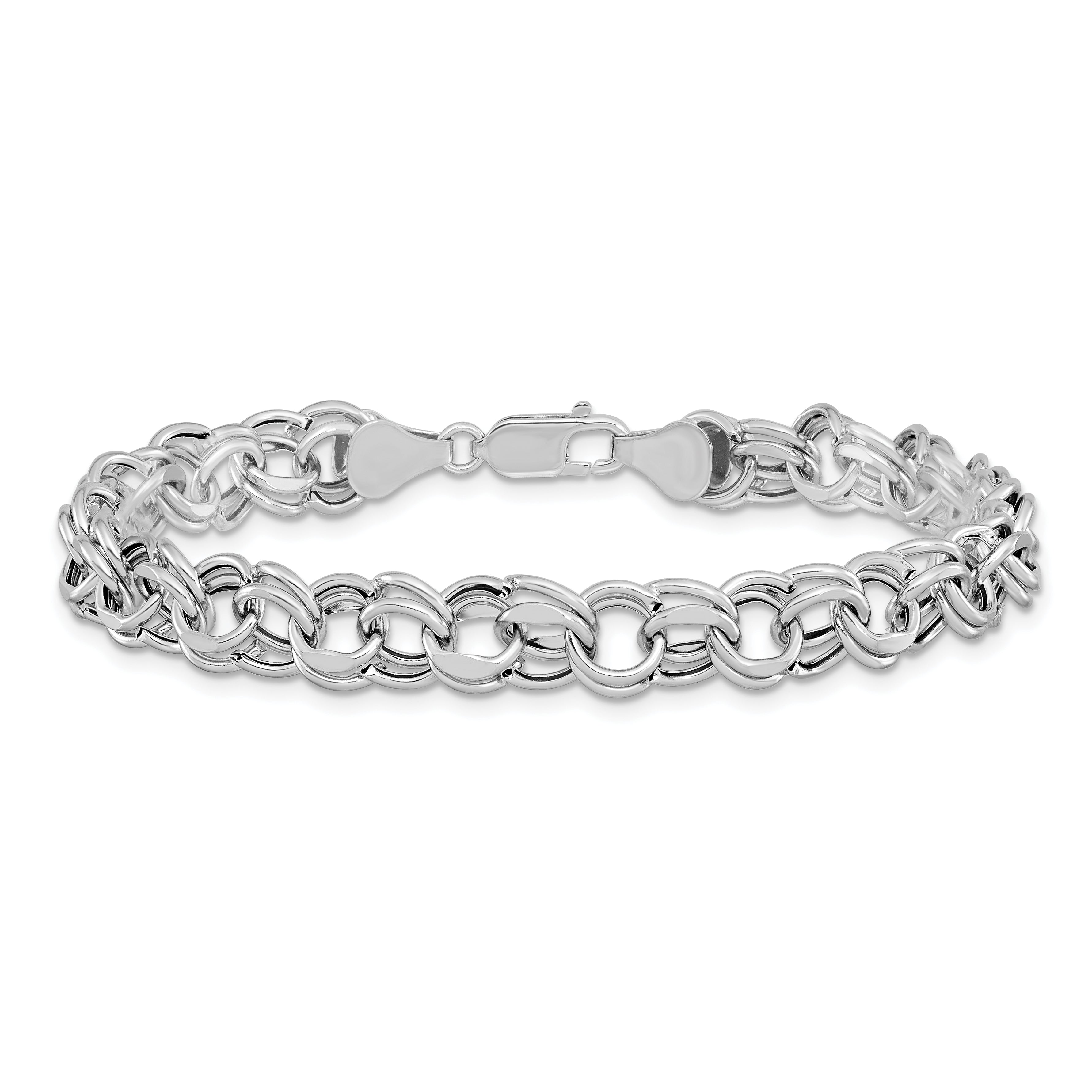 14k White Gold 9mm Hollow Double Link 7.25 inch Charm Bracelet