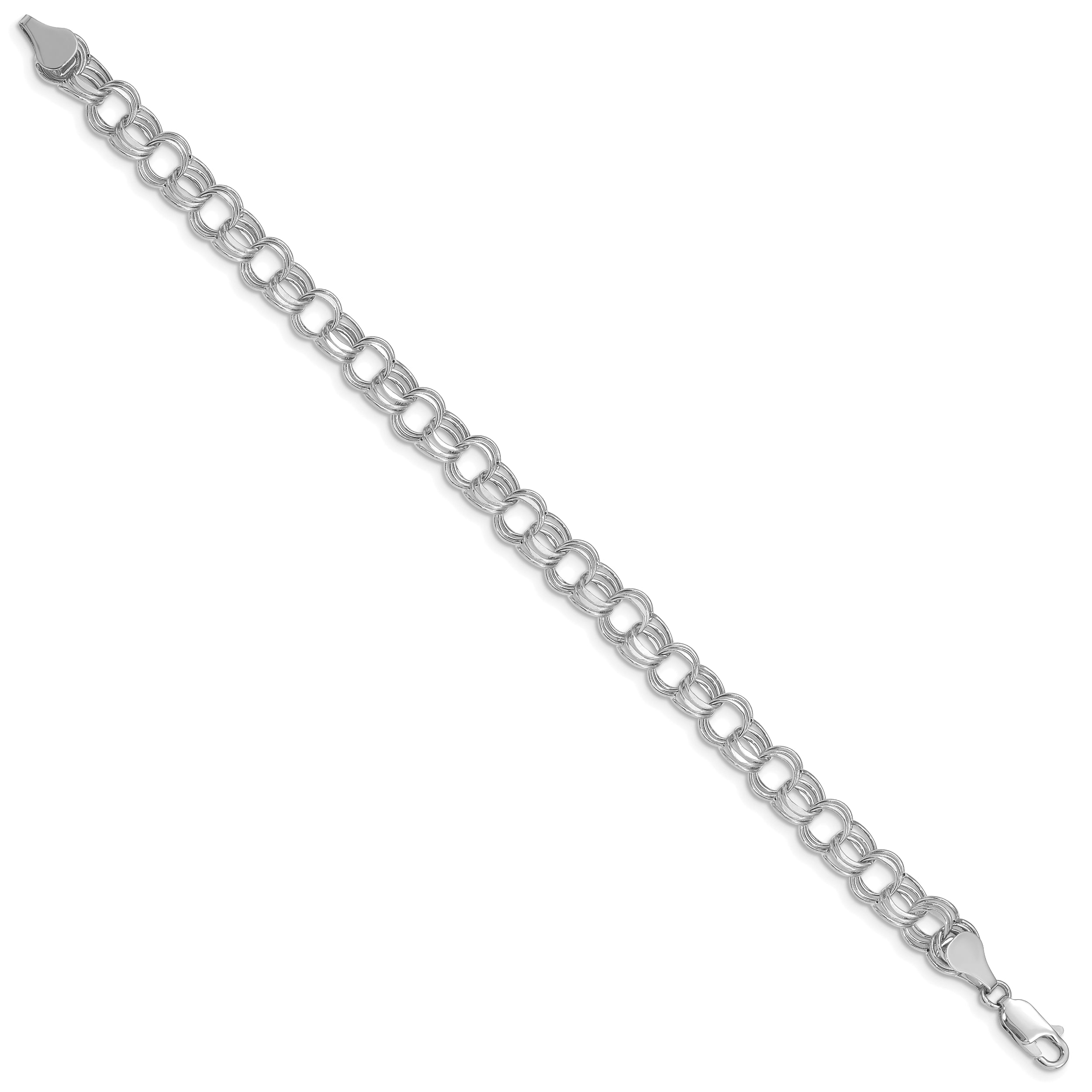14k White Gold 7.5mm Hollow Triple Link 7.25 inch Charm Bracelet