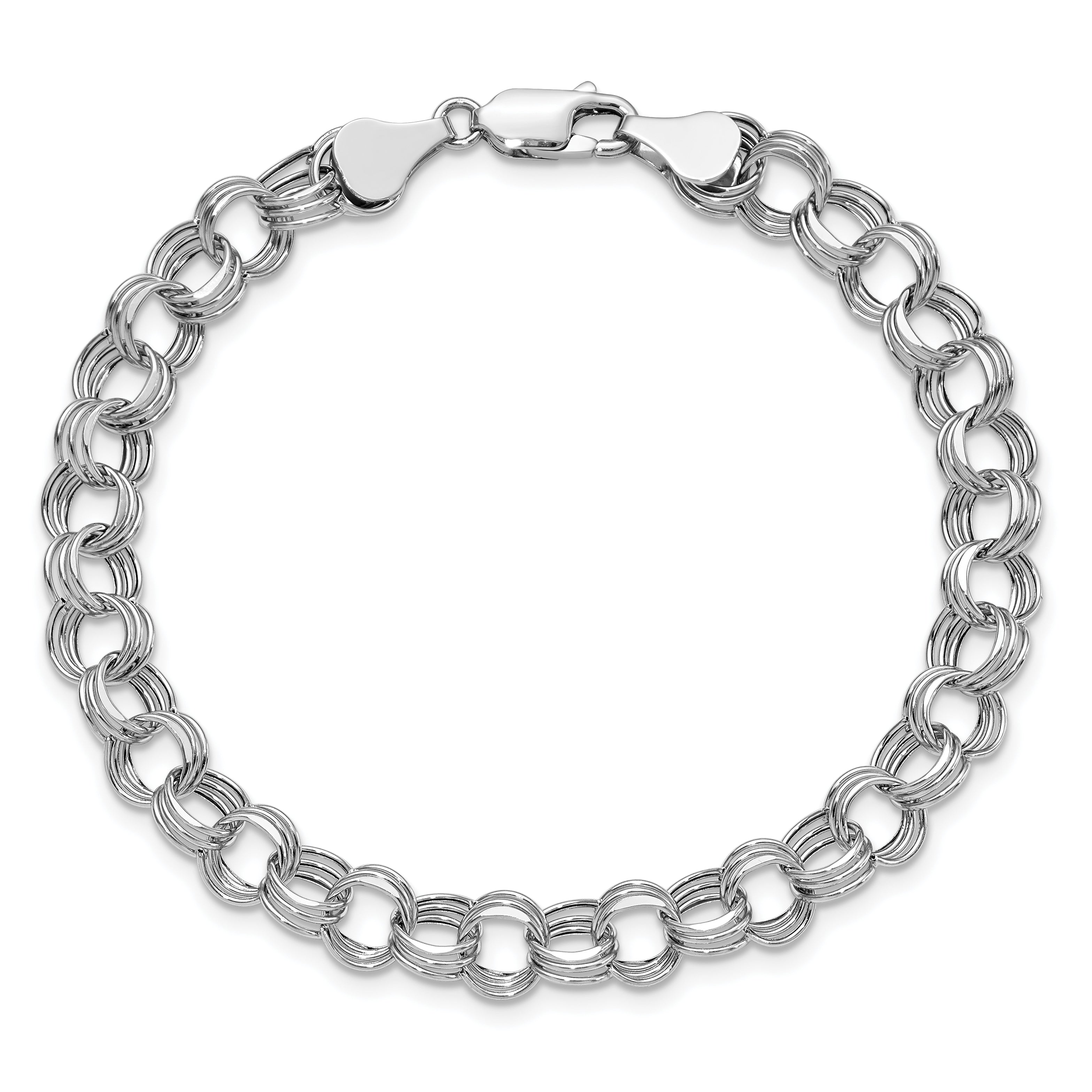 14k White Gold 7.5mm Hollow Triple Link 7.25 inch Charm Bracelet