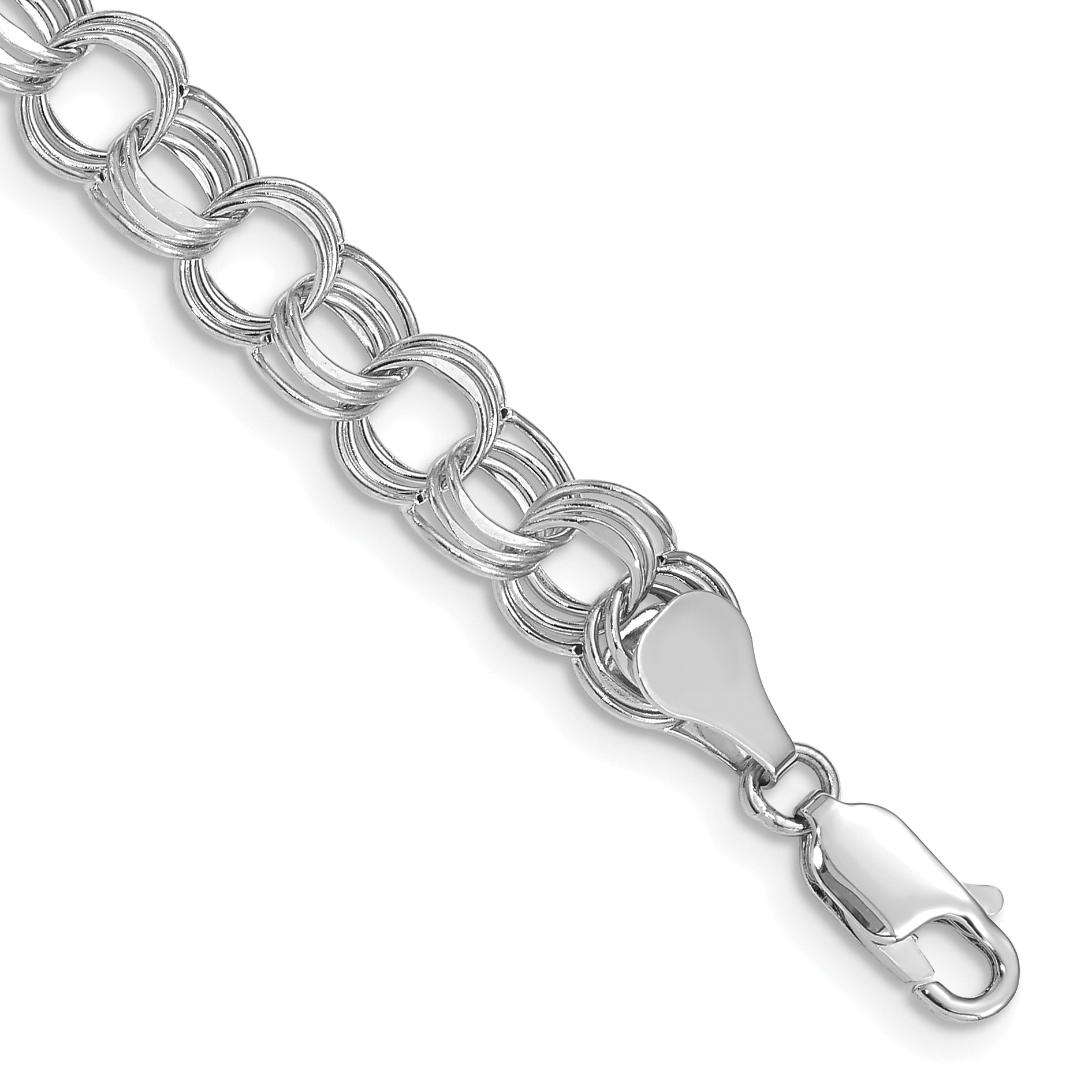 14k White Gold 7.5mm Hollow Triple Link 7.25 inch Charm Bracelet