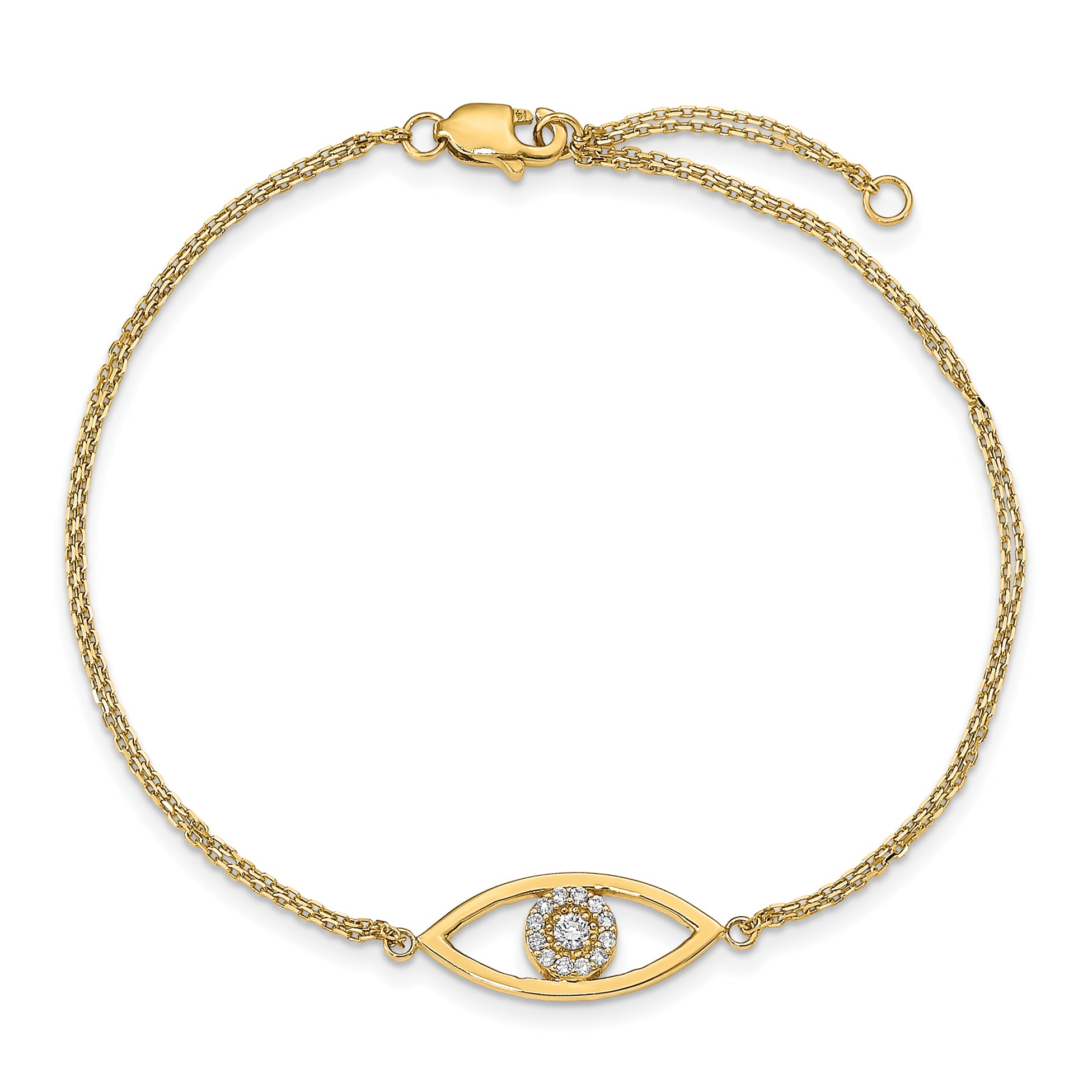 14k Complete AAA Diamond Evil Eye 2-Strand 7 inch Bracelet with 1 inch Extender