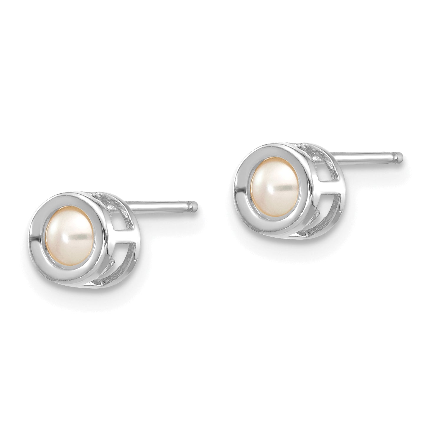 14K White Gold 4Mm Bezel June/Fw Cultured Pearl Post Earrings