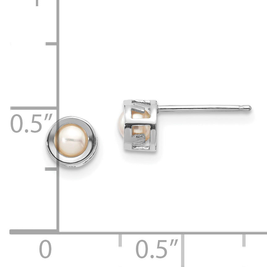 14K White Gold 4Mm Bezel June/Fw Cultured Pearl Post Earrings
