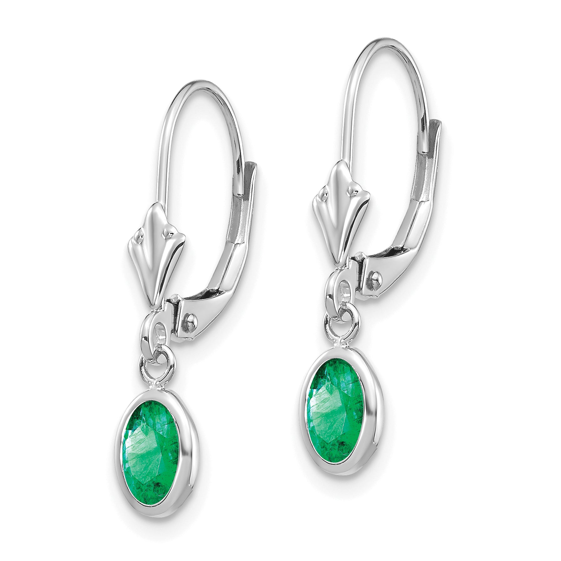 14K White Gold 6X4 Oval Bezel May/Emerald Leverback Earrings