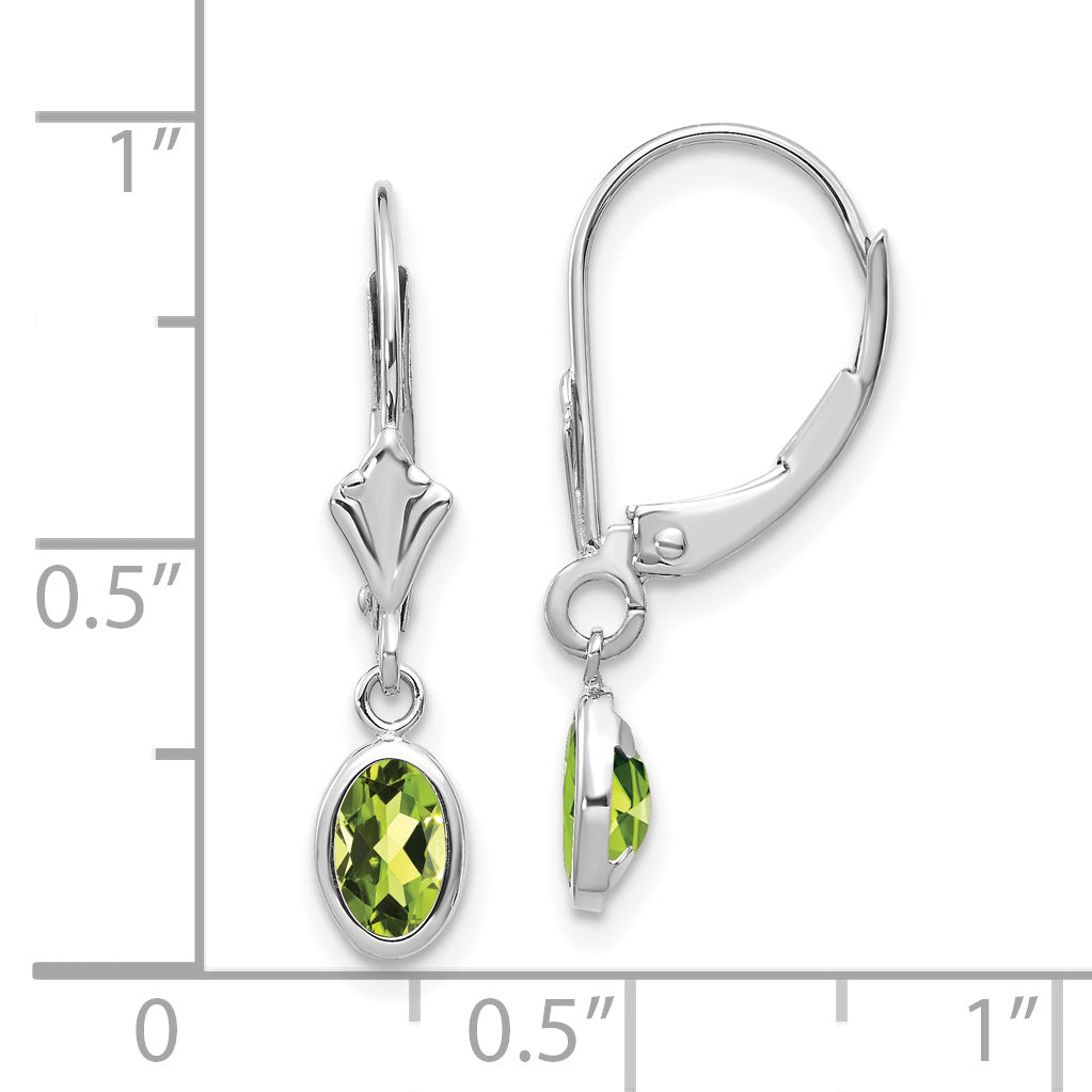 14K White Gold 6X4 Oval Bezel August/Peridot Leverback Earrings