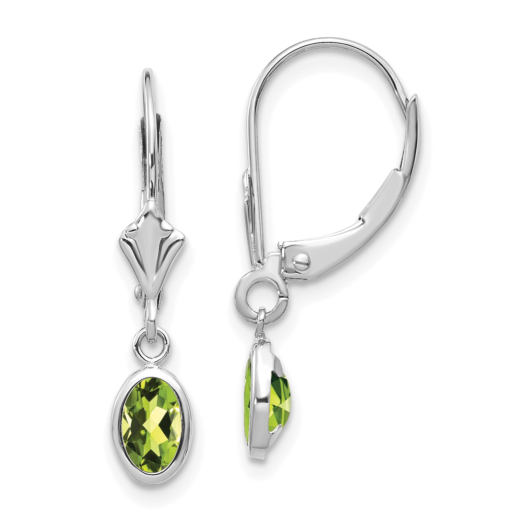 14K White Gold 6X4 Oval Bezel August/Peridot Leverback Earrings