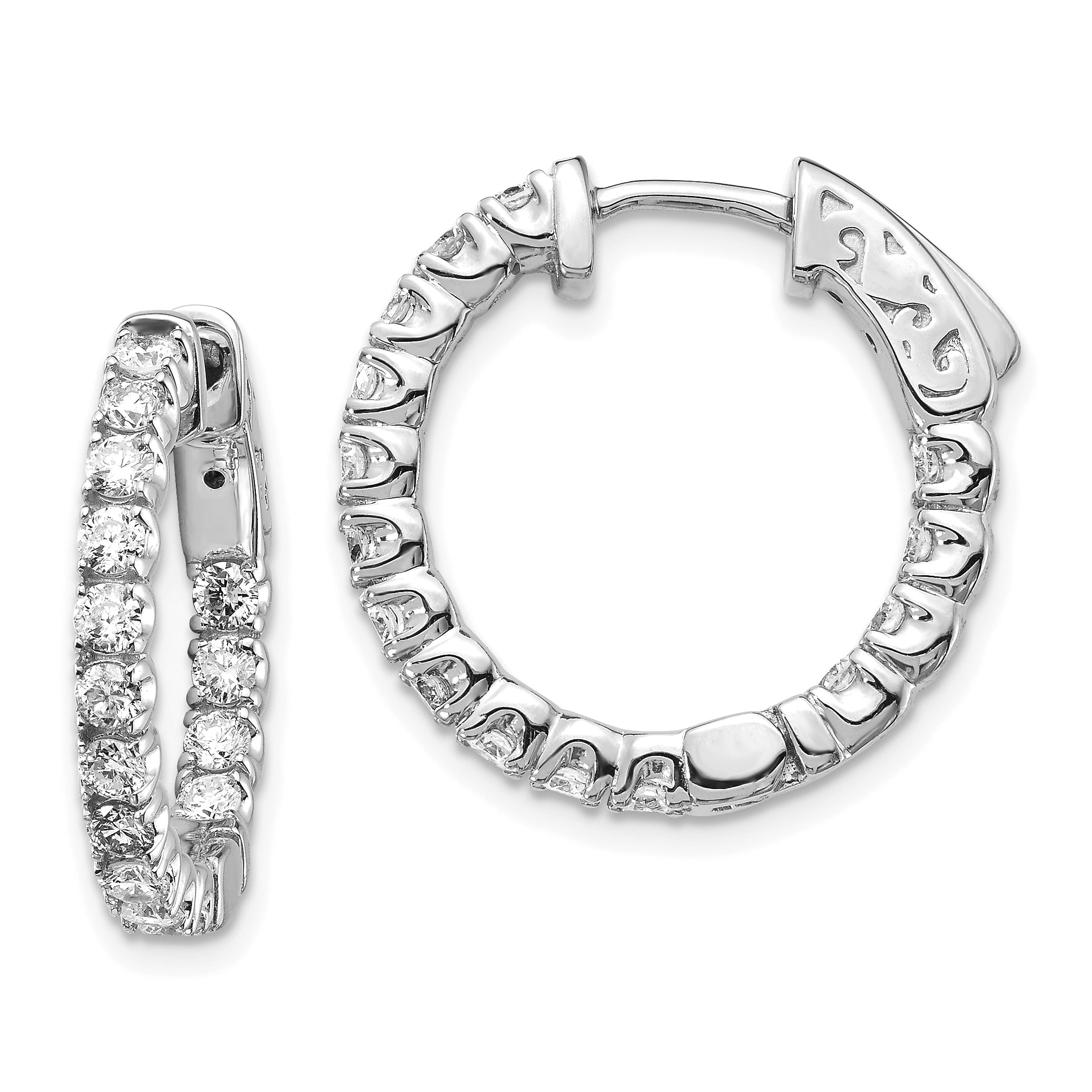 14k White Gold 1 1/2 carat Lab Grown Dia VS/SI+ G+ Round In and Out Safety Clasp Hoop Earrings