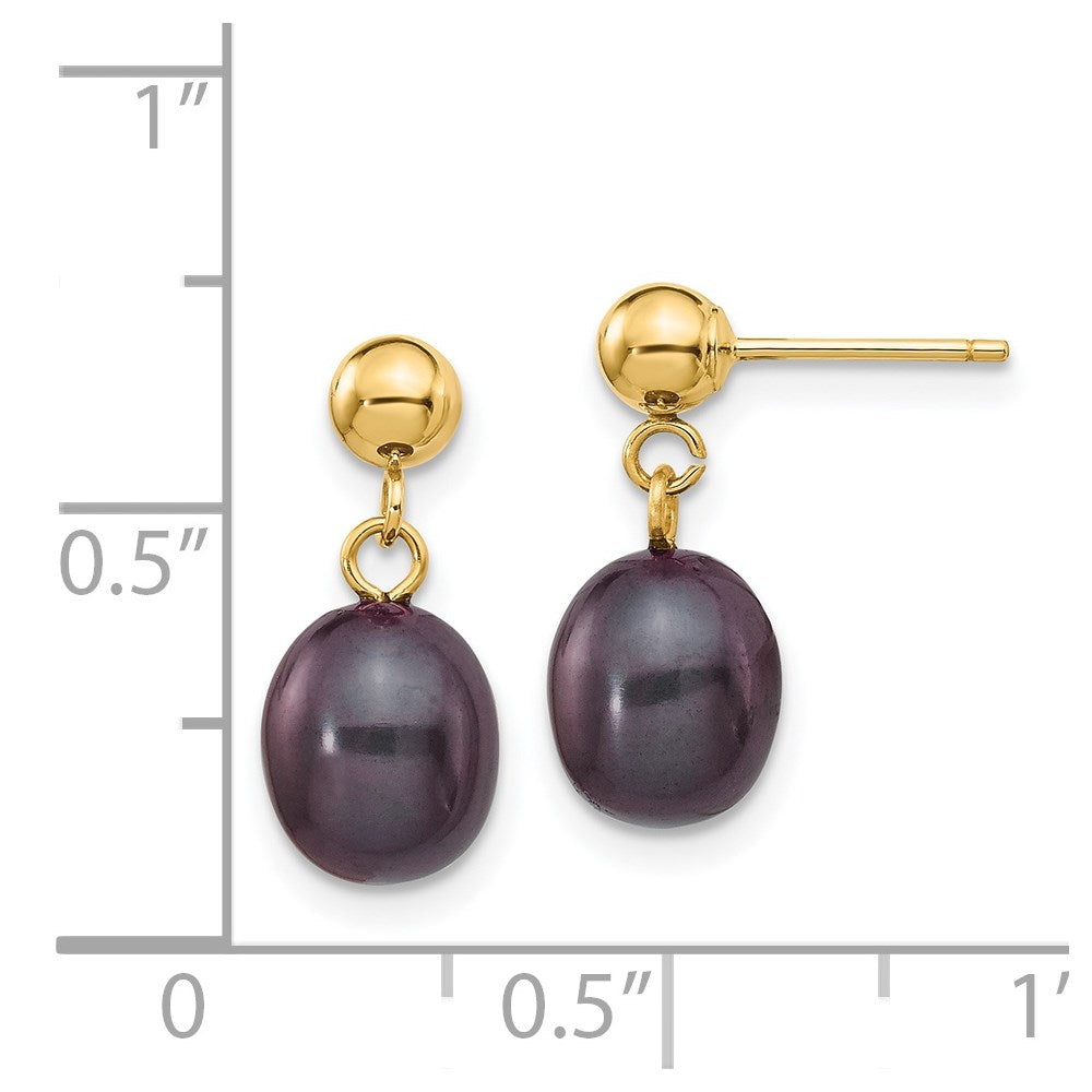 14k 7-8mm Black Rice Freshwater Cultured Pearl Dangle Post Earrings