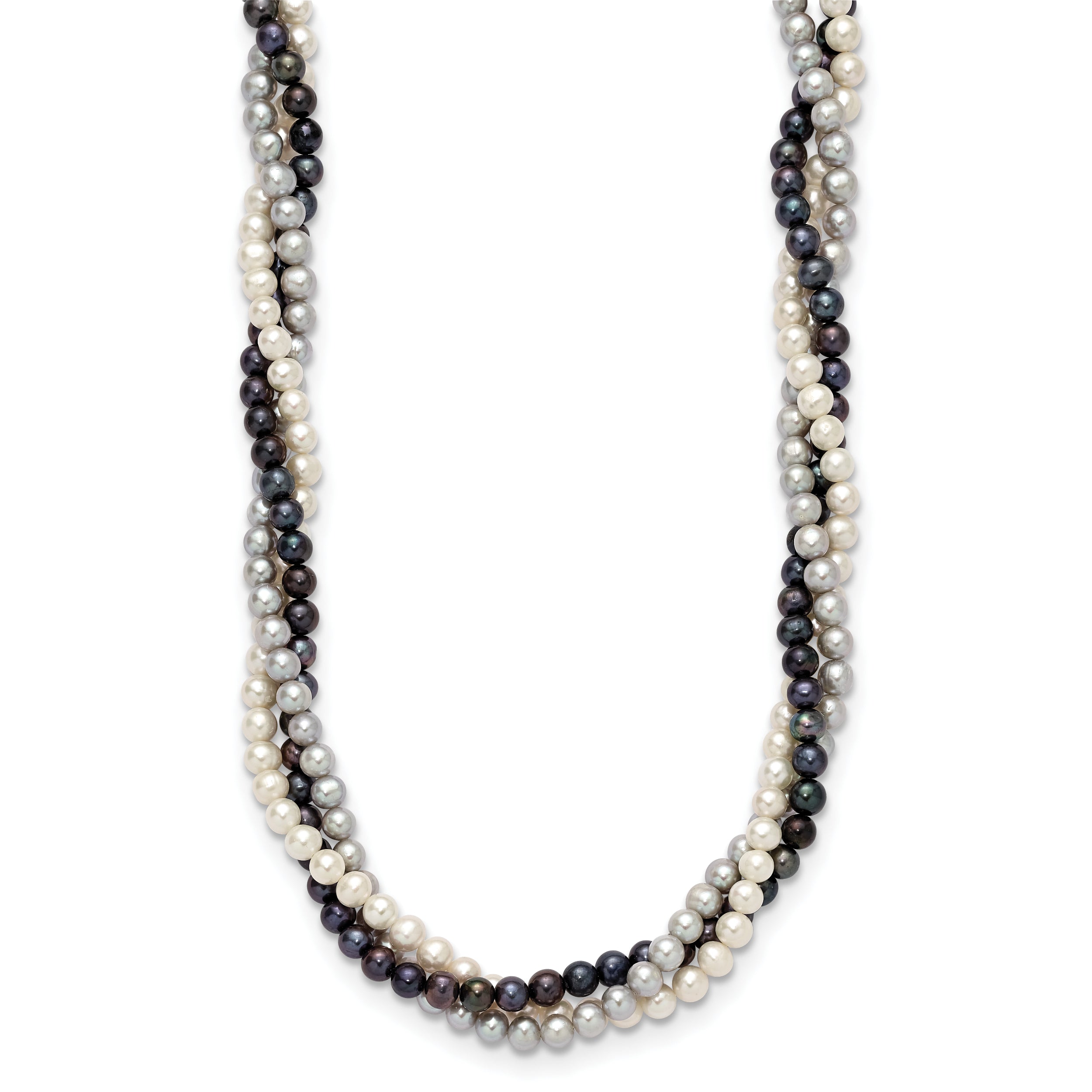 14k 6-7mm White/Gray/Black Near-Round Freshwater Cultured Pearl 3-Strand 18 inch Necklace