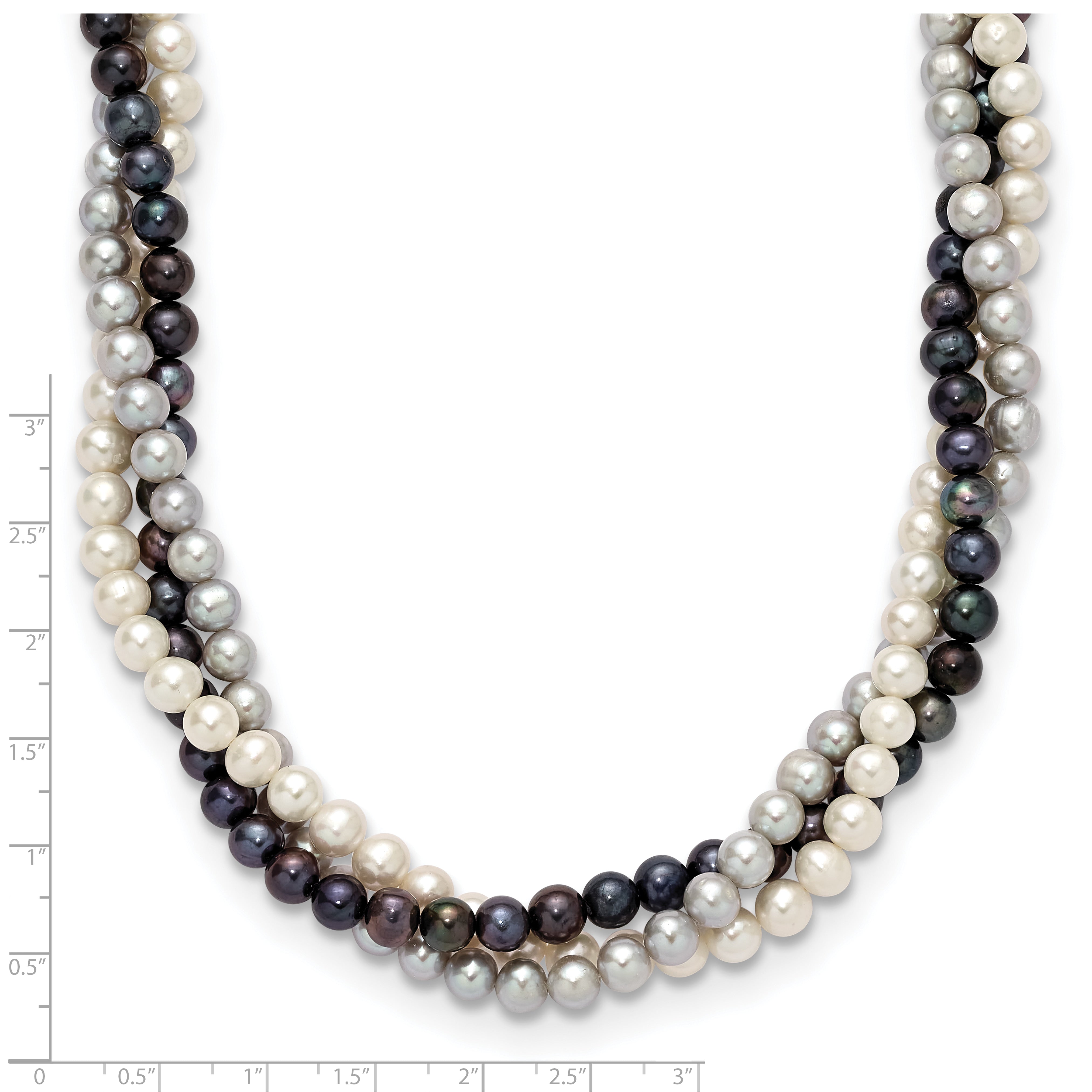 14k 6-7mm White/Gray/Black Near-Round Freshwater Cultured Pearl 3-Strand 18 inch Necklace