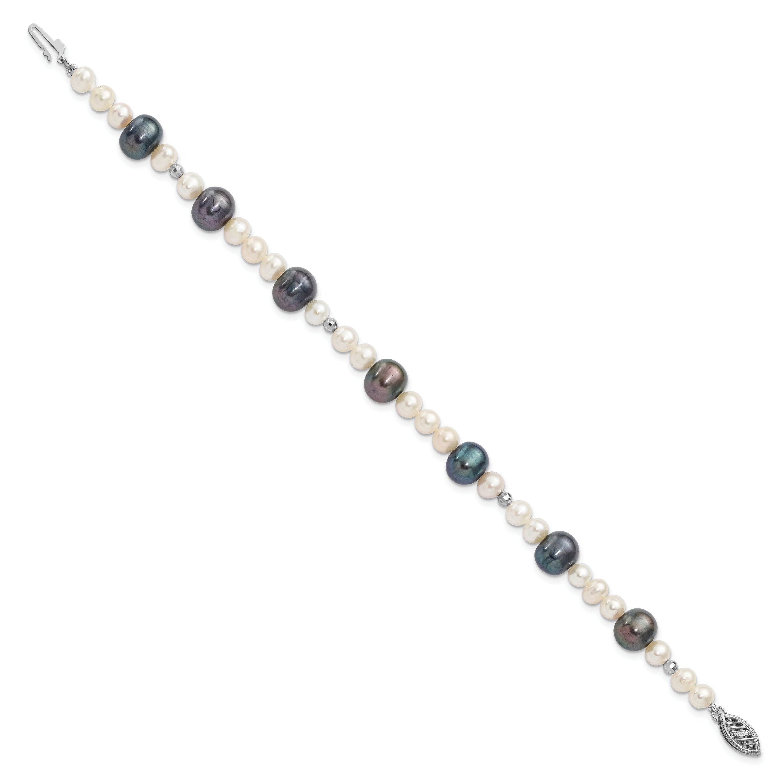 14k White Gold Black and White Semi-Round Freshwater Cultured and Mirror Bead 7.5 inch Bracelet