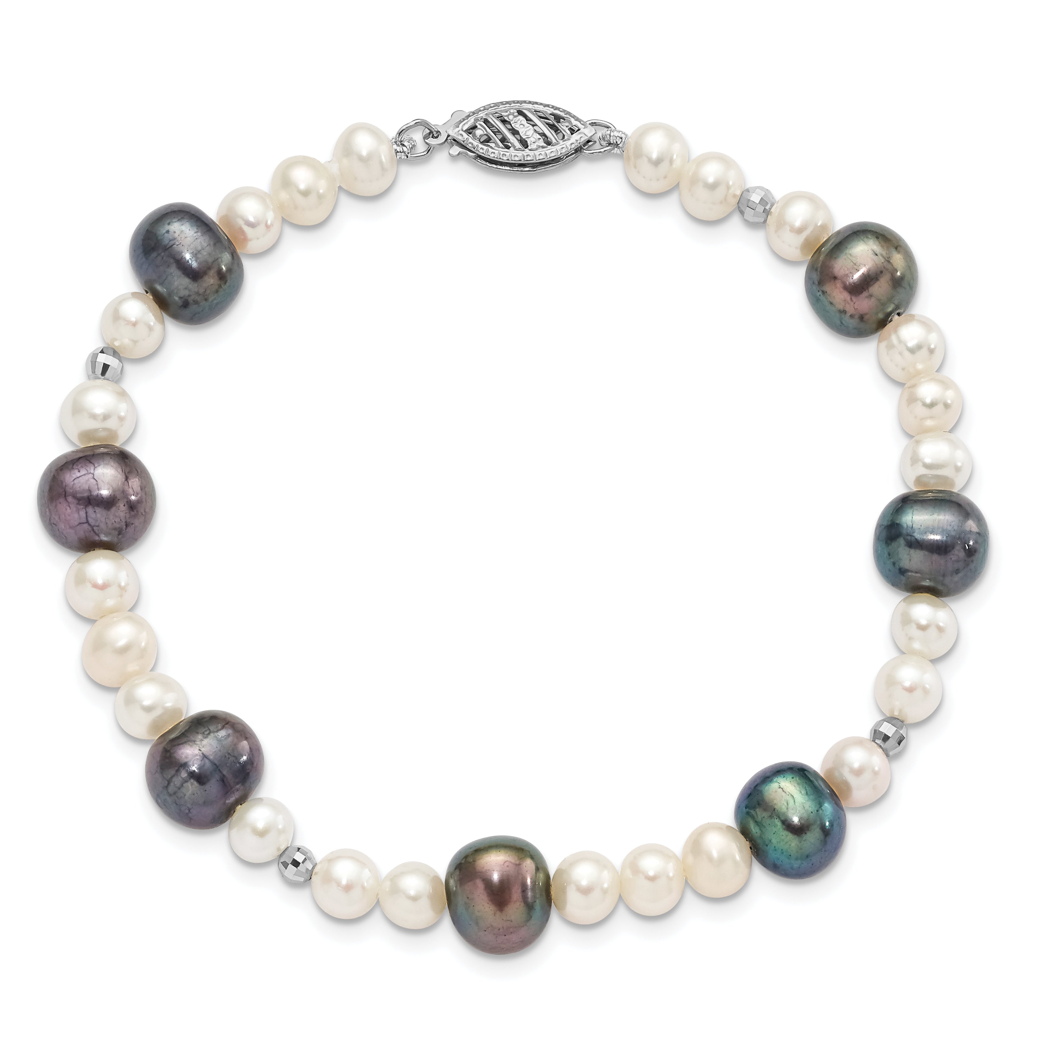 14k White Gold Black and White Semi-Round Freshwater Cultured and Mirror Bead 7.5 inch Bracelet