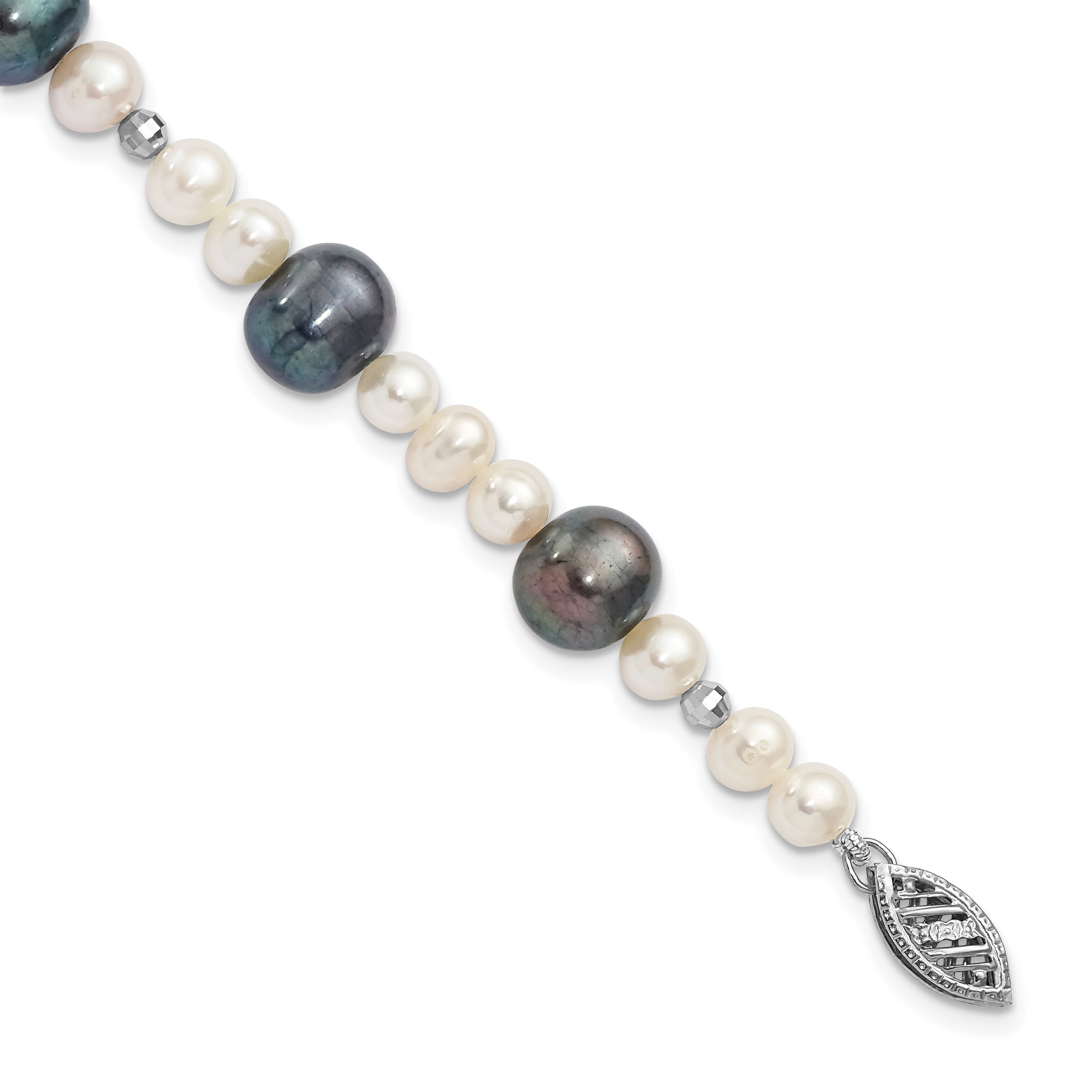 14k White Gold Black and White Semi-Round Freshwater Cultured and Mirror Bead 7.5 inch Bracelet