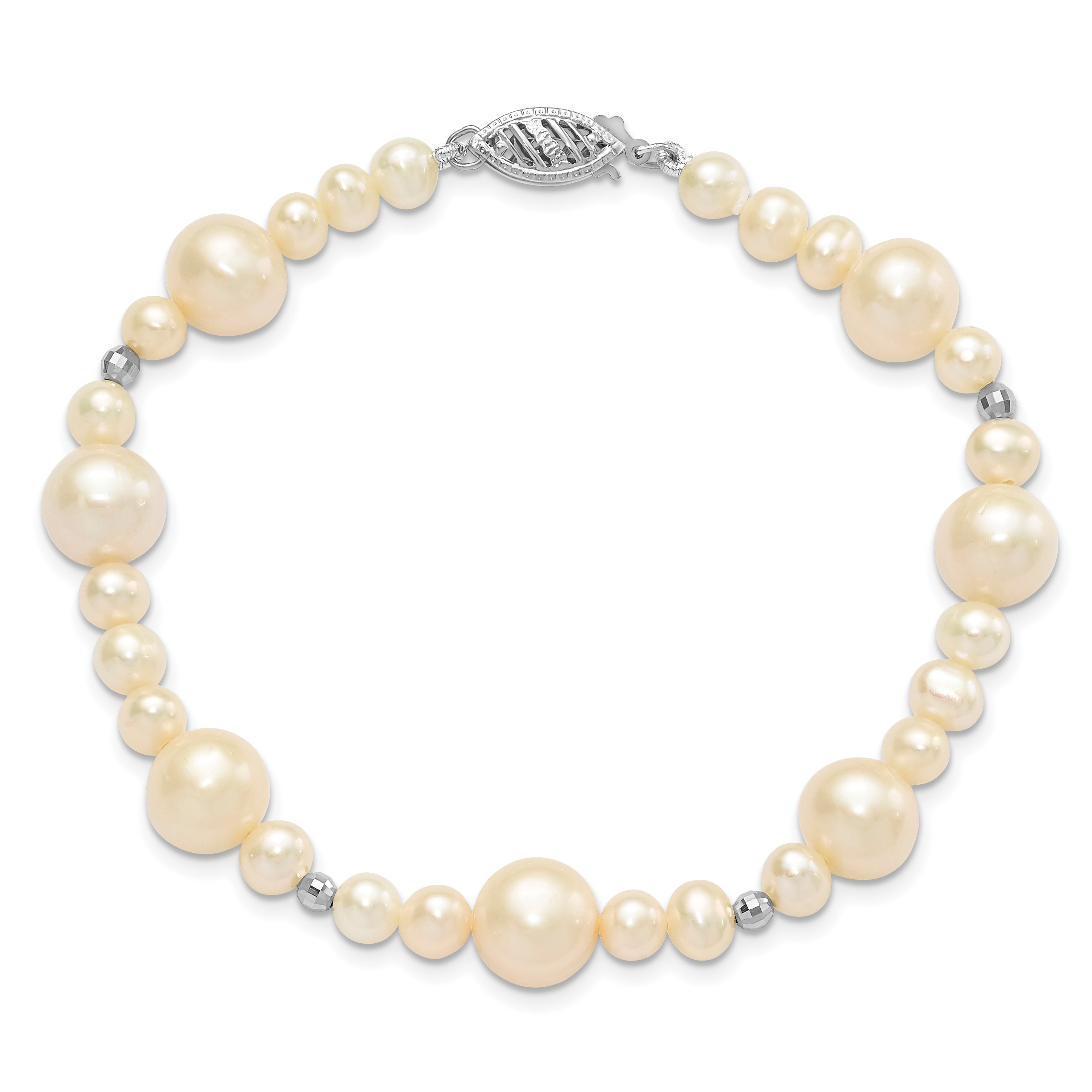14k White Gold 5-9mm White Near-Round Freshwater Cultured Pearl Beaded 7.5 inch Bracelet