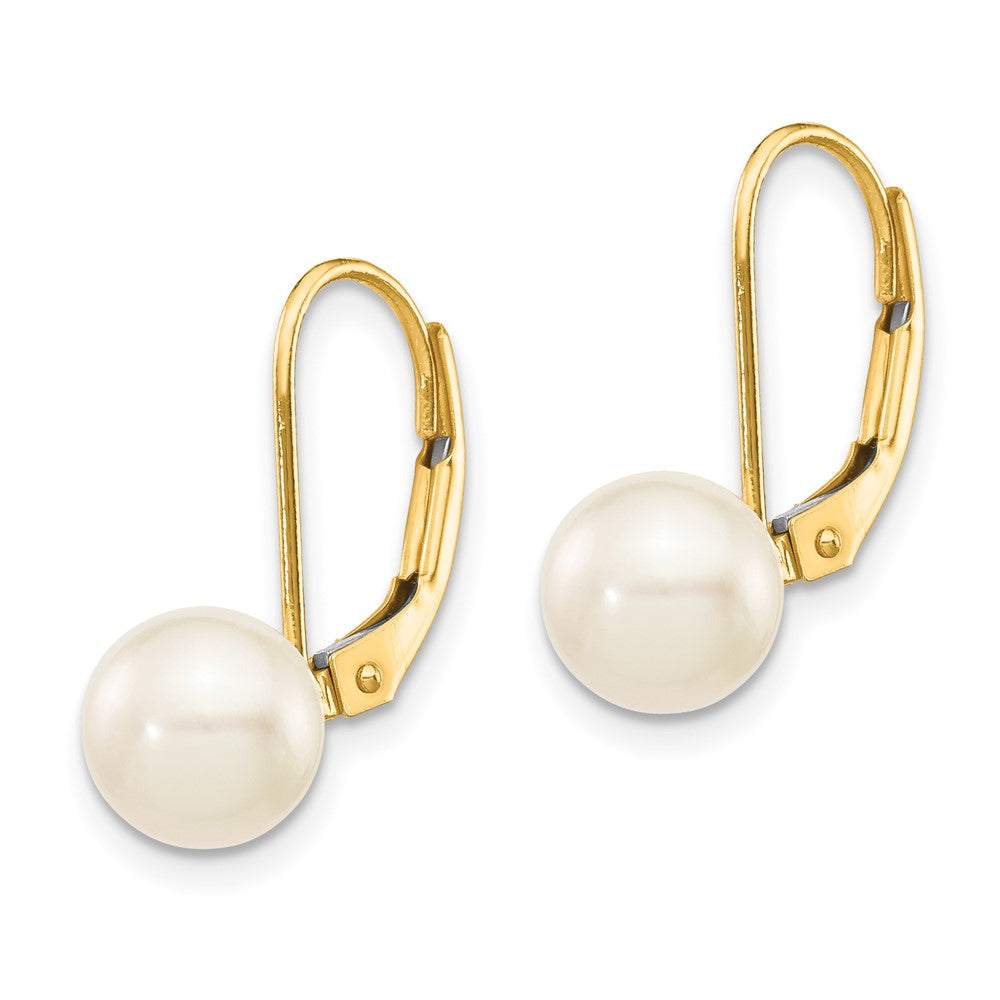 14k 7-8mm White Round Saltwater Akoya Cultured Pearl Leverback Earrings