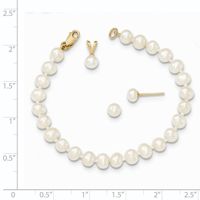 14K 4-5Mm White Fw Cultured Pearl Pendant, 5In Bracelet & Earring Set