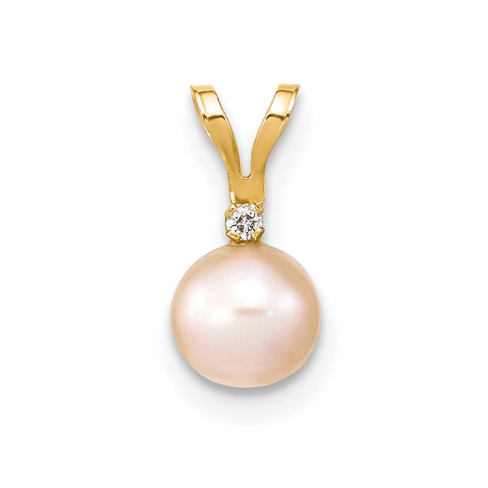 14k 5-6mm Round Pink Freshwater Cultured Pearl Diamond Pendant