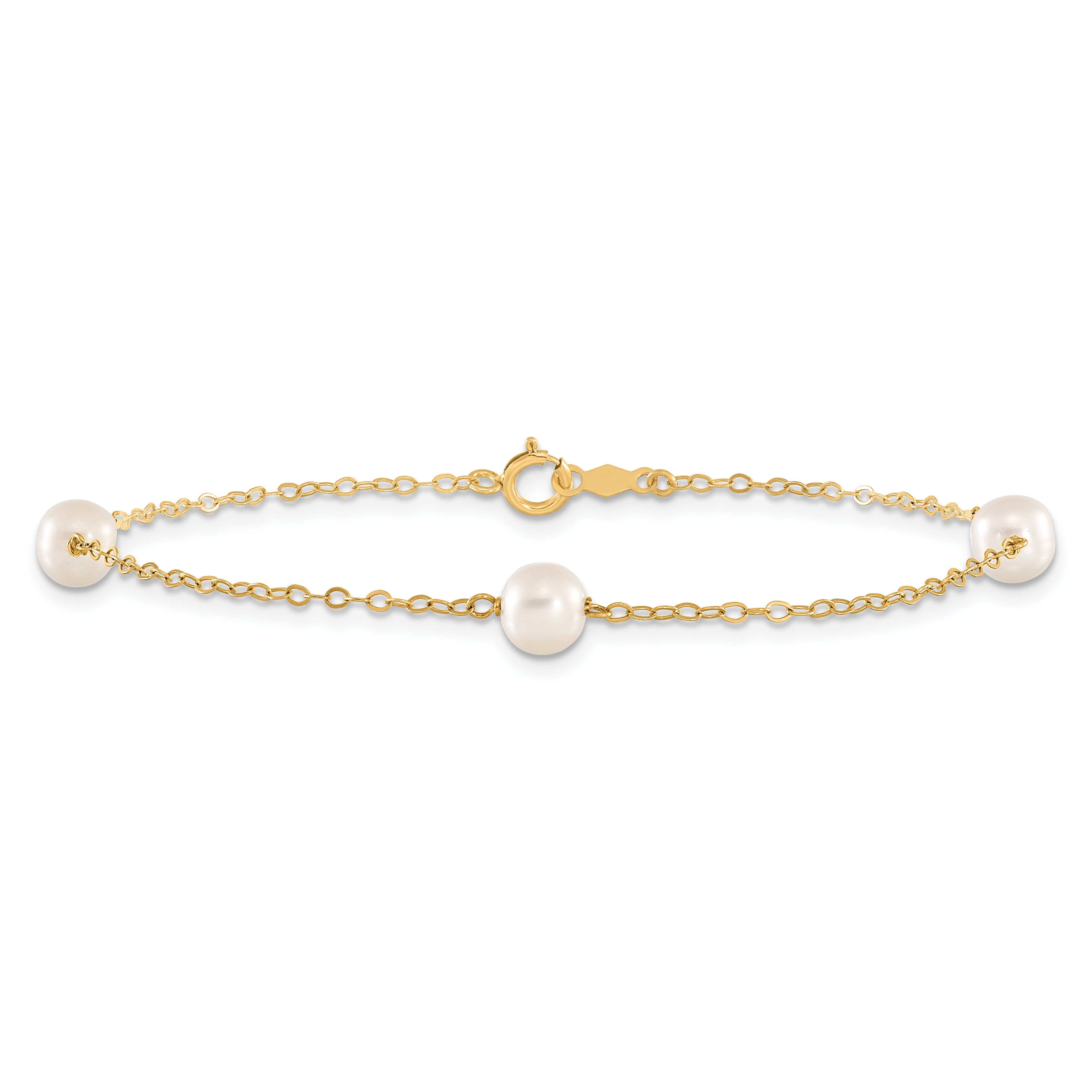 14K 5-6Mm White Near Round Freshwater Cultured Pearl 3-Station Bracelet