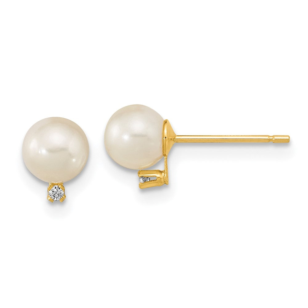 14k 5-5.5mm White Round Freshwater Cultured Pearl CZ Post Earrings