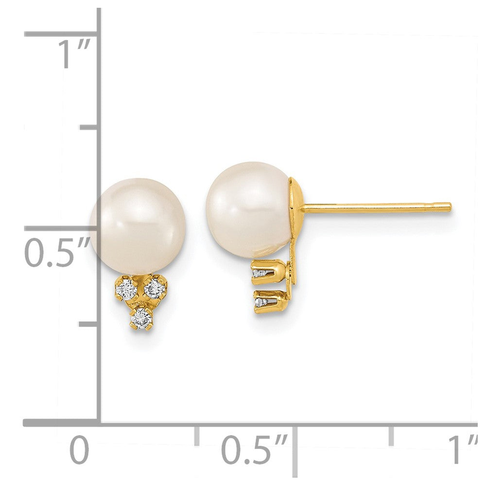 14k 6-7mm White Round Freshwater Cultured Pearl .06ct Diamond Post Earrings
