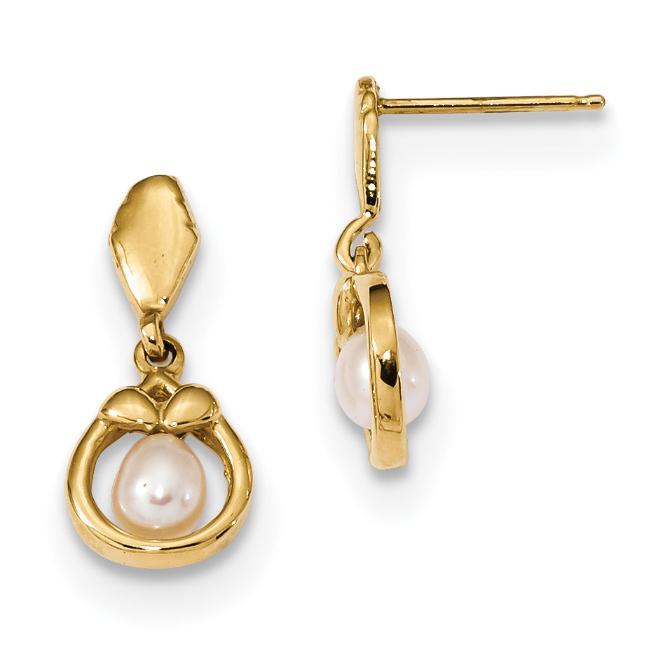 14K 3-4Mm White Freshwater Cultured Pearl Post Dangle Earrings