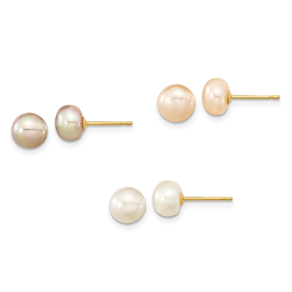 14k 6-7mm Button Freshwater Cultured Pearl Boxed 3 pair Post Earrings Set