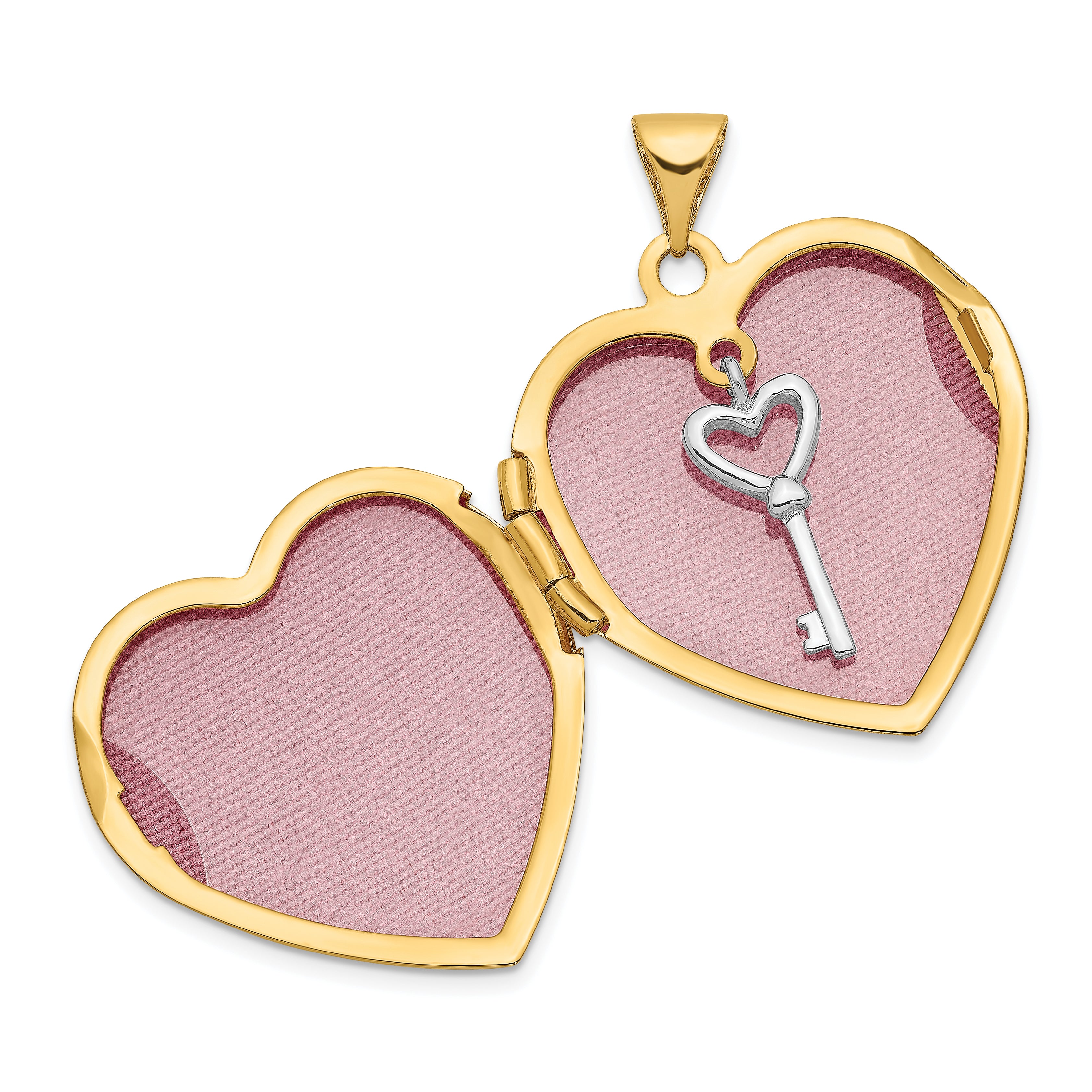 14k Two-tone w/ White Rhodium Heart w/Key Charm Inside Heart Locket