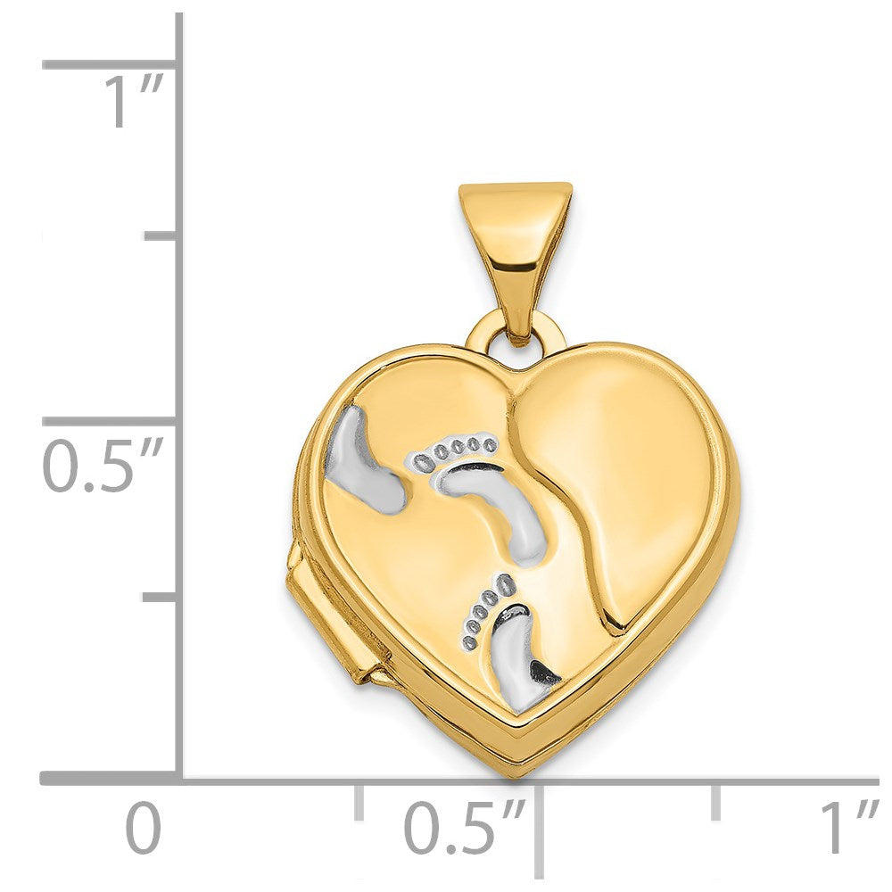 14ky w/ White Rhodium 15mm Heart Foot Prints Locket