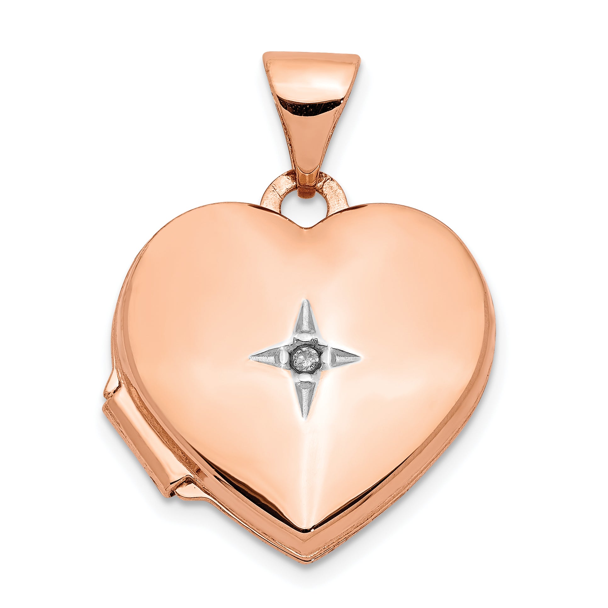 14k Rose Gold Polished Diamond Star 15mm Heart Locket